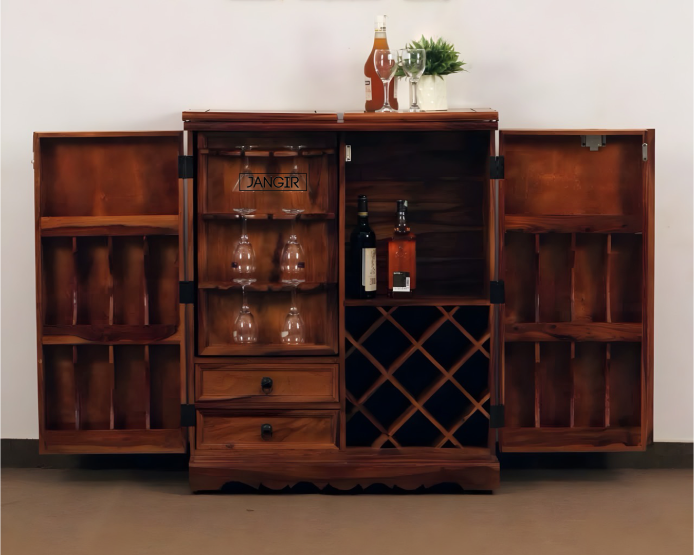 Elevate your home bar with a stunning Tiles Bar Cabinet featuring traditional tiles design, made with sheesham wood. Upgrade your space now, buy now near you in Bangalore !