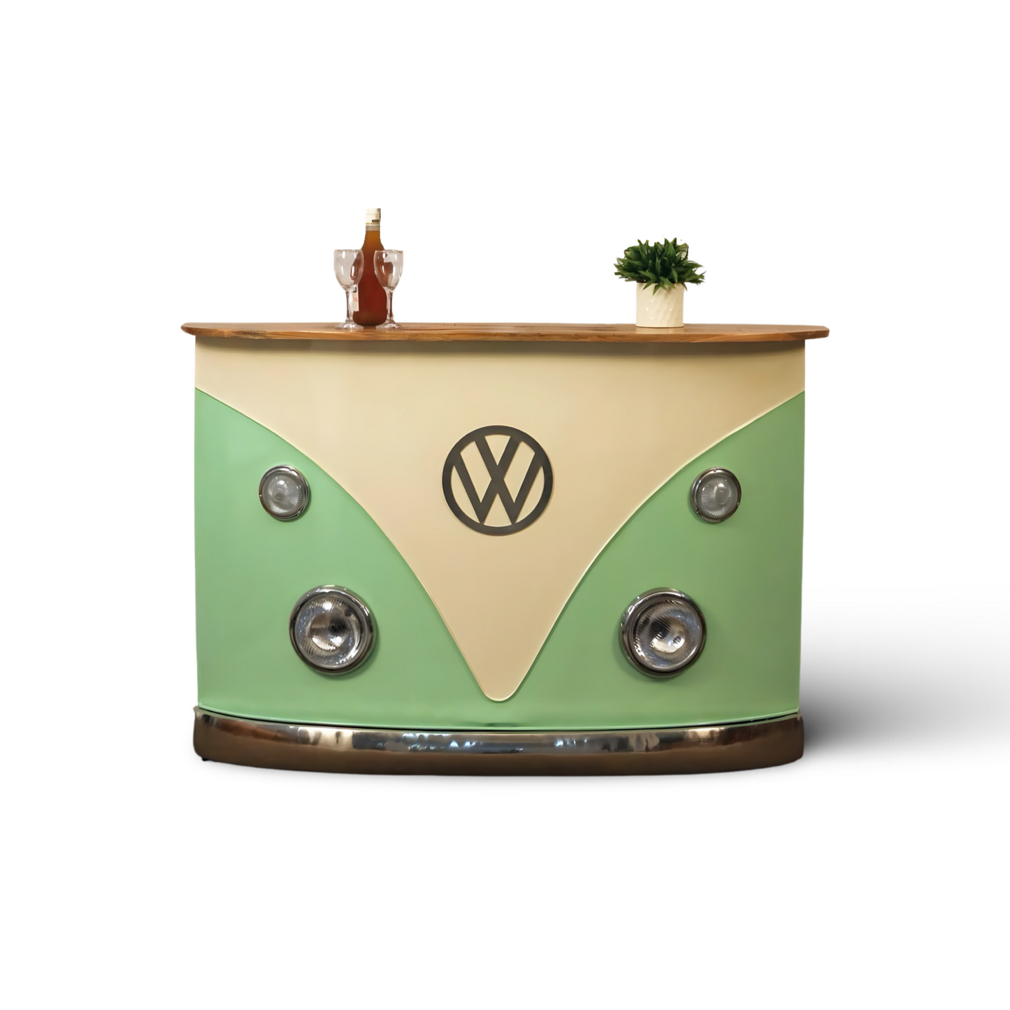 Elevate your home bar, reception or pub space with a unique and durable Vintage Volkswagen counter made from solid wood and metal. Perfect for entertaining guests, shop now!