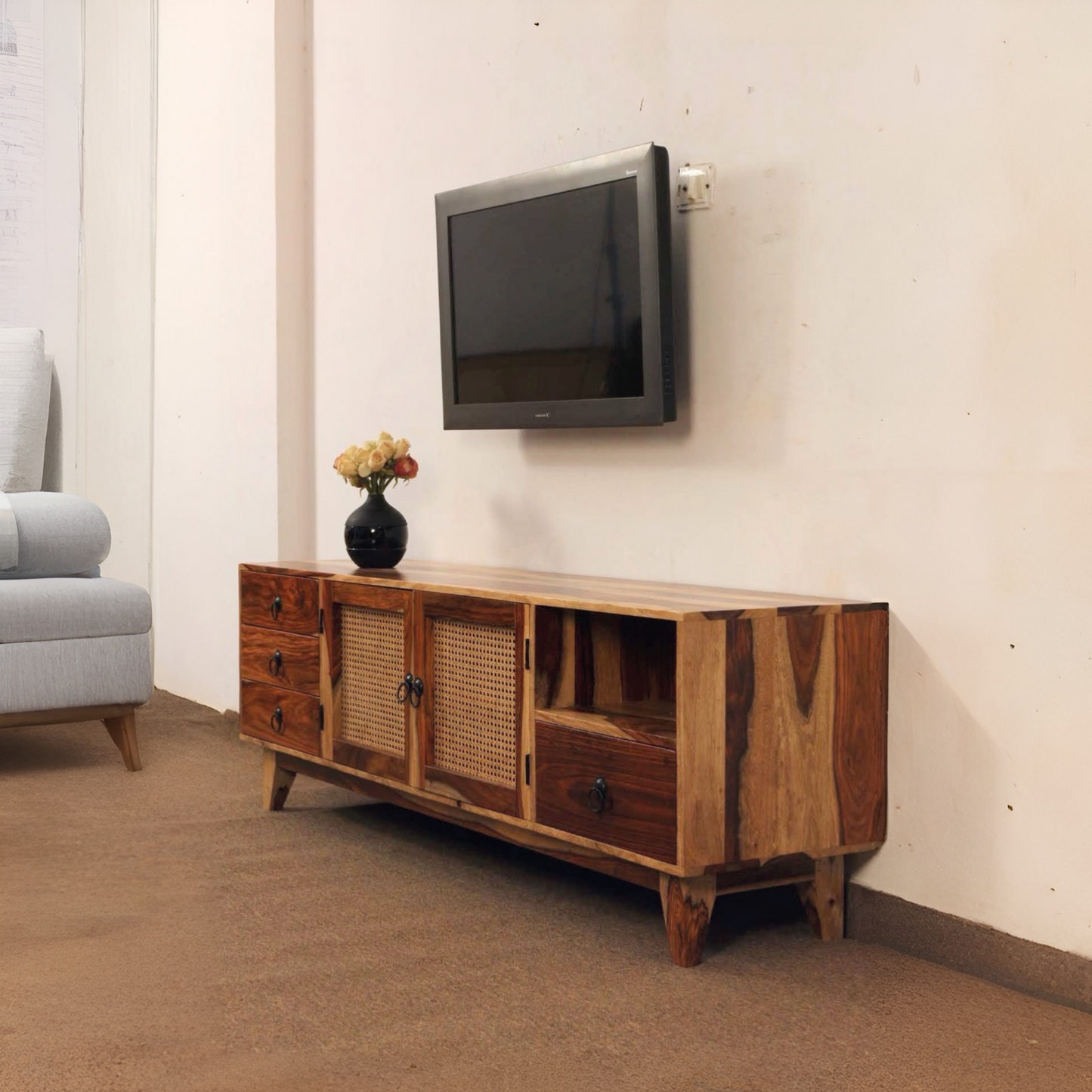 enhance your TV area with our Halter Cane Weaved TV Unit, sheesham wood made. Shop Wooden Wicker / rattan entertainment unit, TV Stand near you in Bangalore