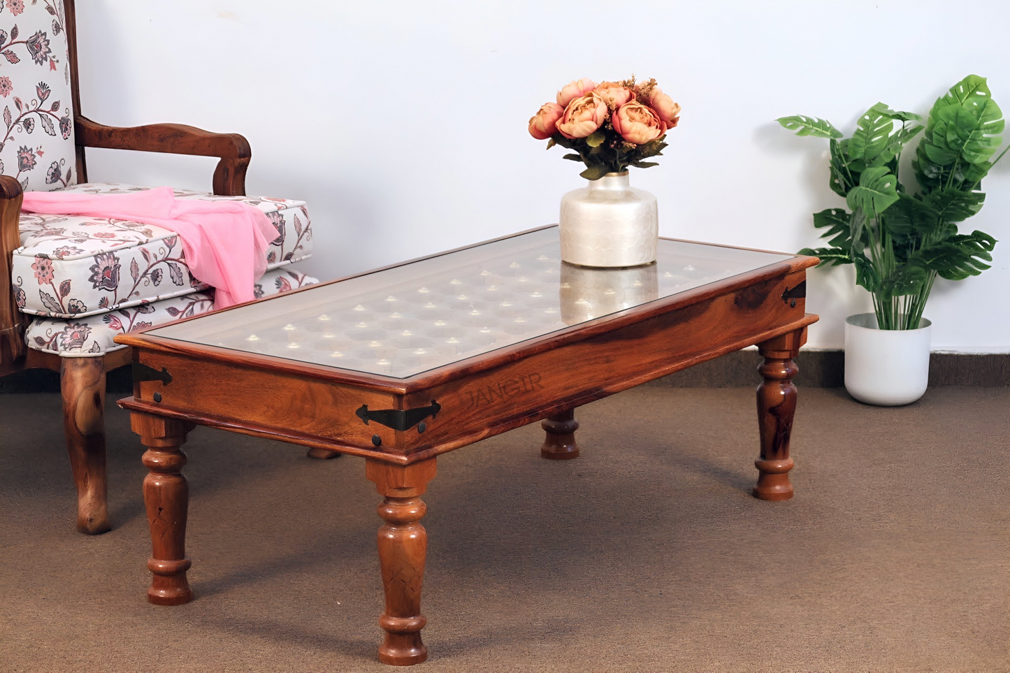 elevate your home with our Antique Carved Door Solid Wood Coffee Table with Vintage style Rajasthani Brass work and stunning carved door style. Upgrade your living room with our center table now !