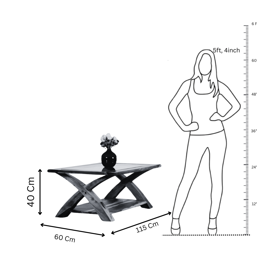Transform your living room with our designer coffee table with open storage and a glass top. Made with sheesham wood. Elevate your home decor with our   center tables near you in Bangalore, Shop Now