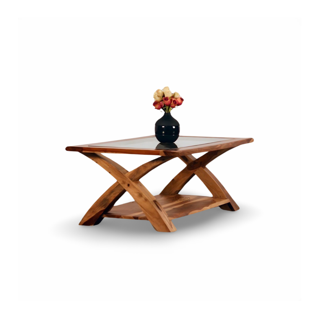 Transform your living room with our designer coffee table with open storage and a glass top. Made with sheesham wood. Elevate your home decor with our center tables near you in Bangalore, Shop Now
