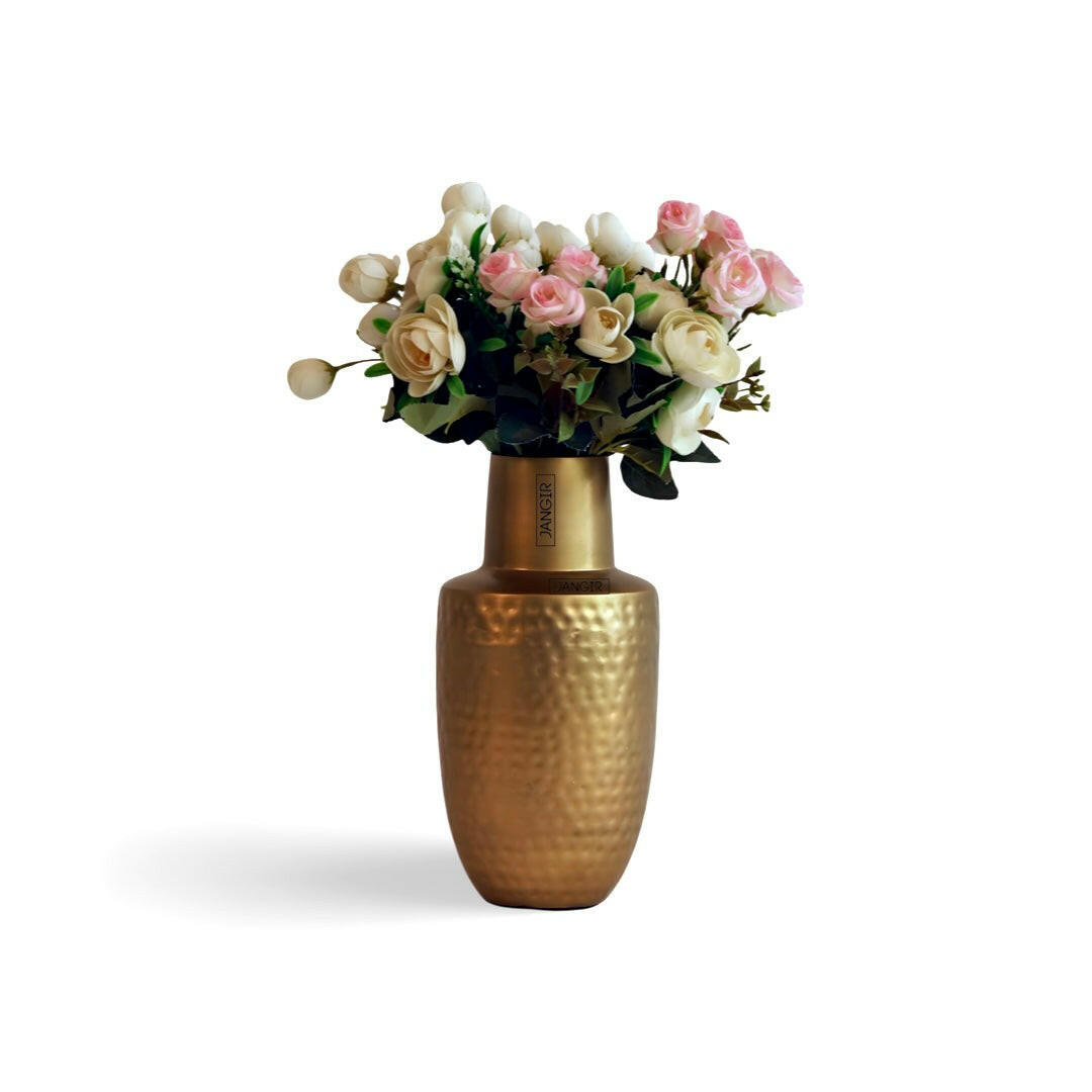 Enhance your living room decor with our exquisite hammered flower vase in a dazzling brass finish, crafted with metal. Buy online now for an elevated home ambience!