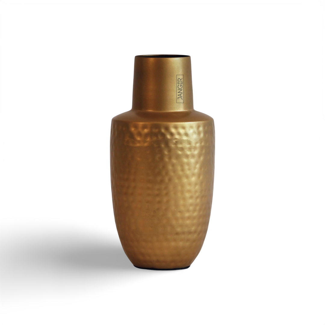 Enhance your living room decor with our exquisite hammered flower vase in a dazzling brass finish, crafted with metal. Buy online now for an elevated home ambience!