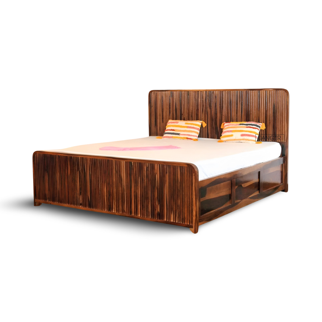 Upgrade your bedroom with our Strriper Solid Wood Storage Bed made from sheesham wood. Explore our range of Designer wooden bed with king size and queen size options in Bangalore !