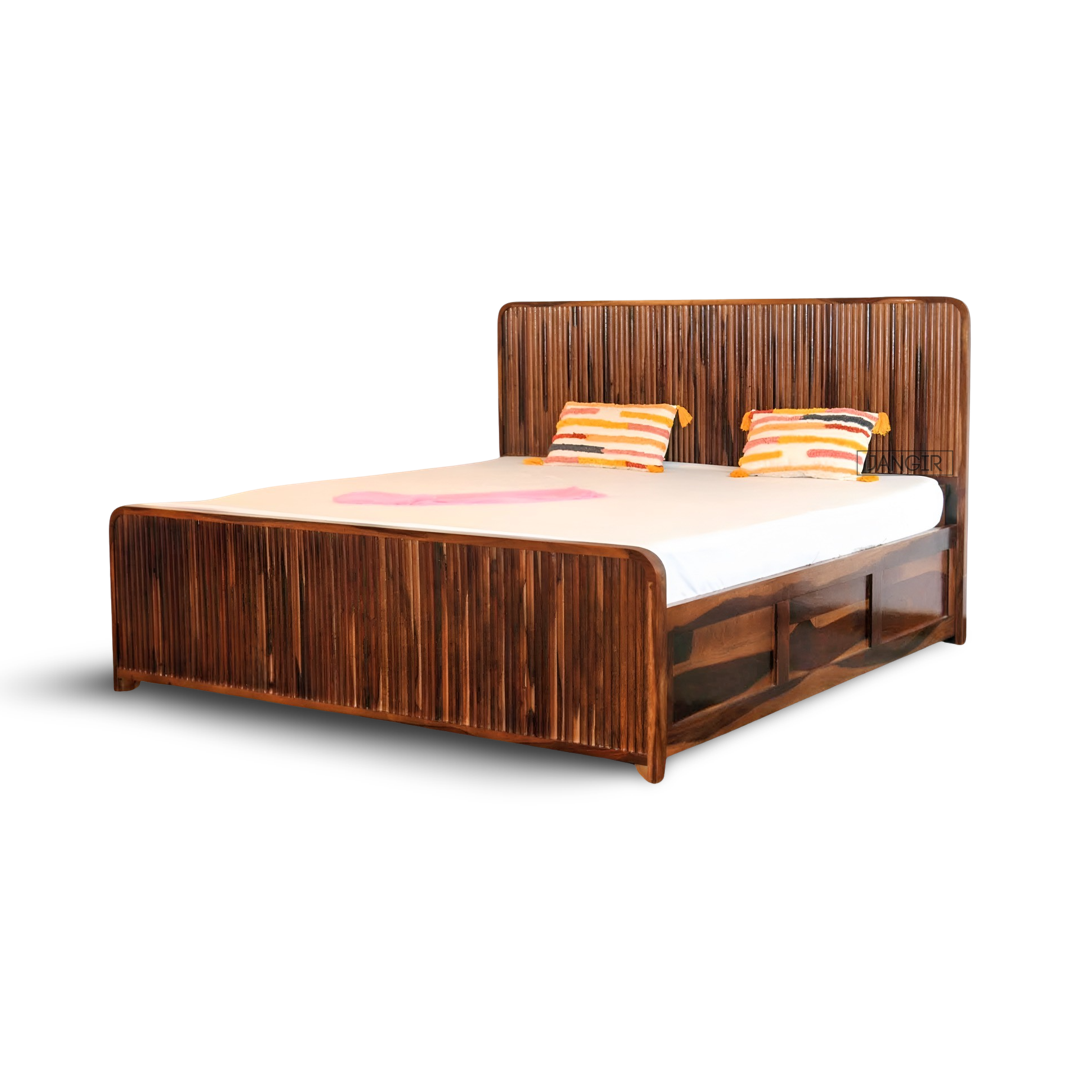 Upgrade your bedroom with our sheesham wood Strriper Solid Wood Storage Bed. Buy king size and queen size designer double bed near you in Bangalore!