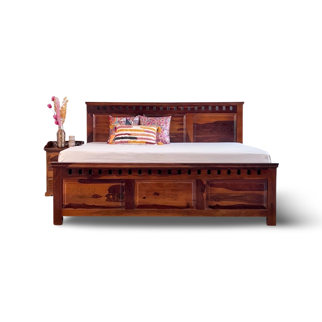 Upgrade your bedroom with our Solid wood kuber storage bed, made from sheesham wood. Shop Stylish king and queen size double beds near you in Bangalore !