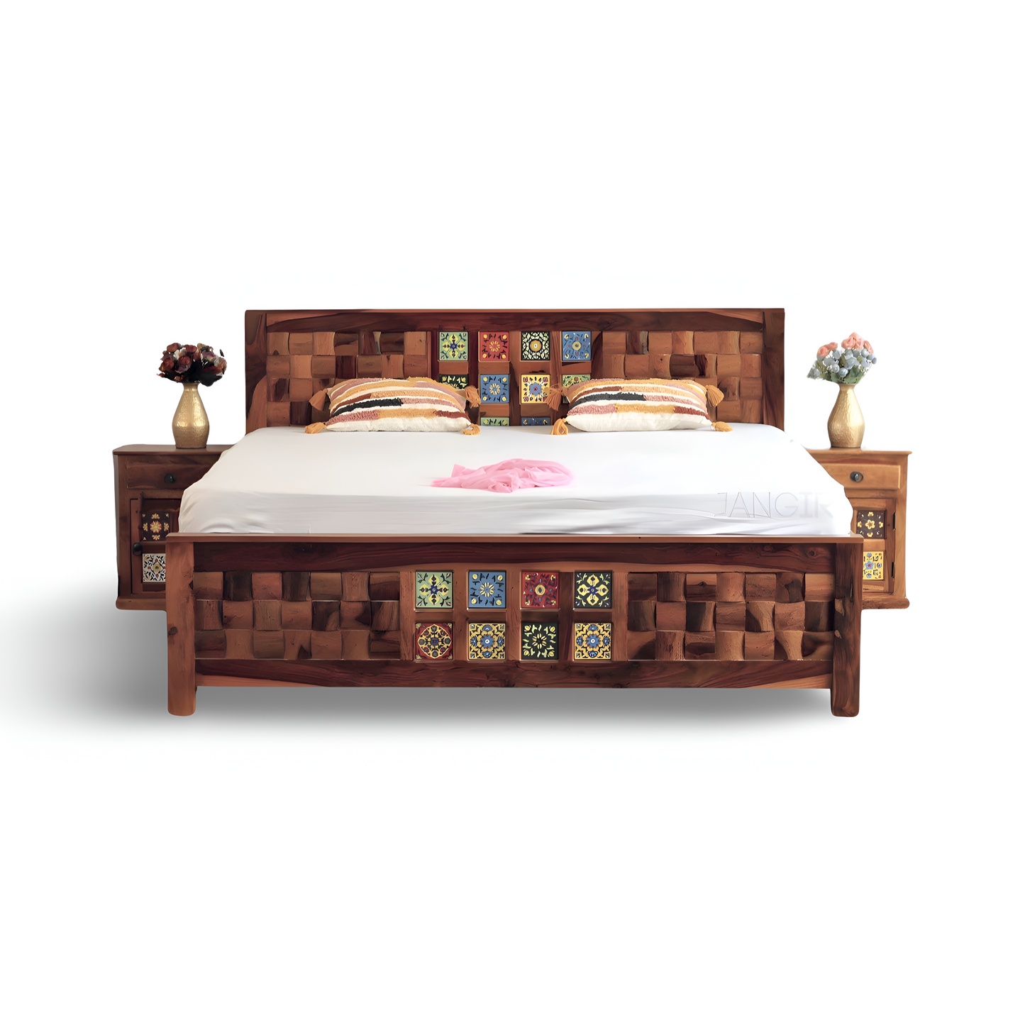 Transform your bedroom with our Tiles Solid Wood Storage Bed, made with sheesham wood and ceramic tiles designs. Shop tradition design wooden beds with storage in Bangalore today !