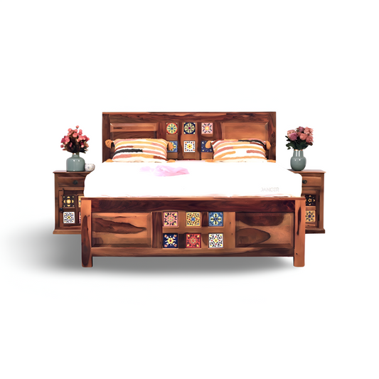 Transform your bedroom with our Tiles Plane Solid Wood Storage Bed, made with sheehsam wood. Explore traditional ceramic tile designs bed with king or queen size in Bangalore today