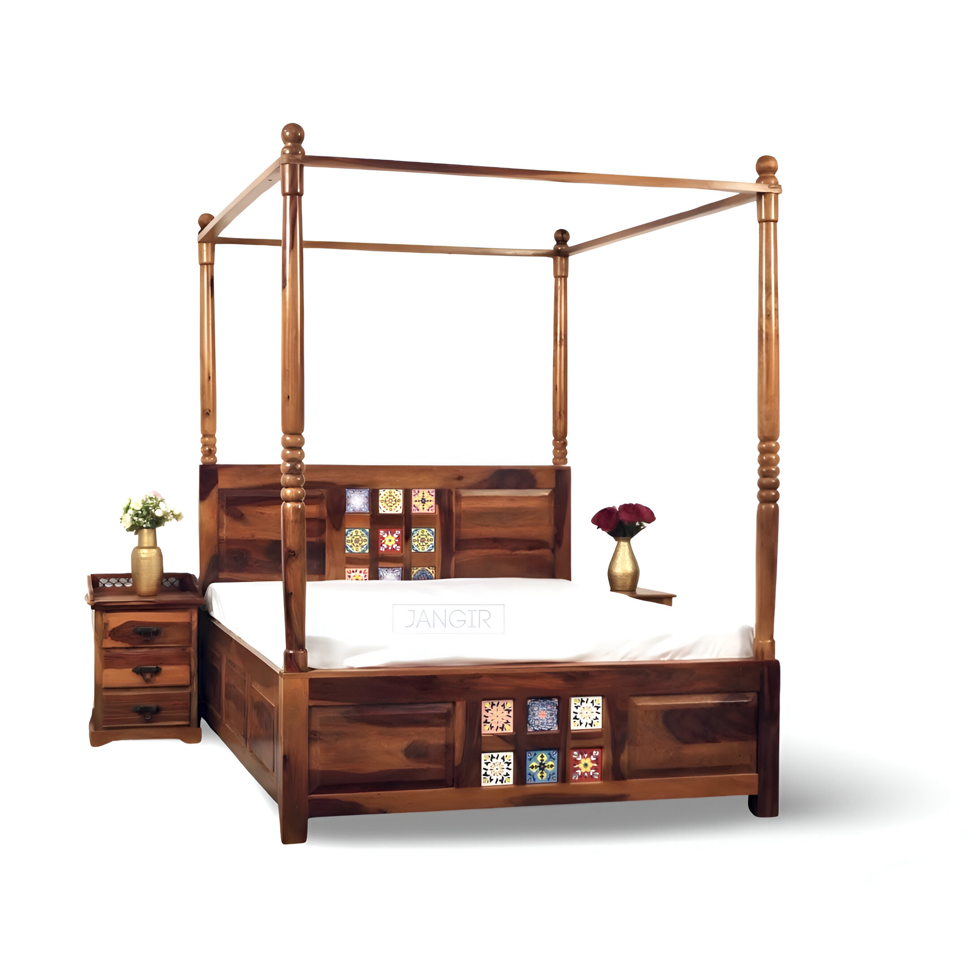 Transform your bedroom with our sheesham wood traditional tiles poster bed. Shop king and queen size four poster bed with storage near you in Bangalore today!