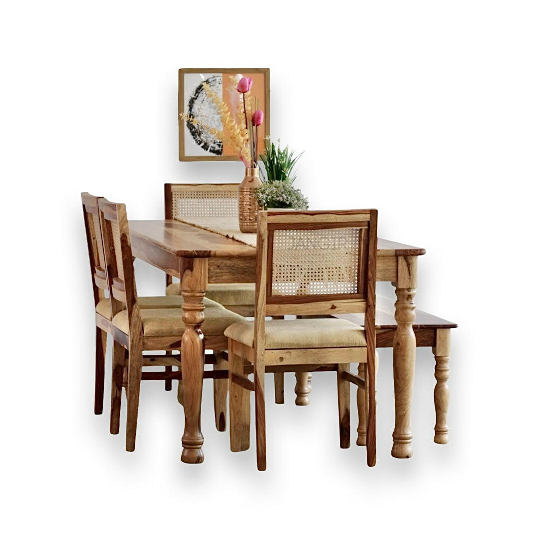 Upgrade Your Dining Space with a Stylish Round Leg Dining Table and Cane Weave Chairs! Discover our six-seater sheesham wood dining table set for a premium touch near you in Bangalore, Shop today!