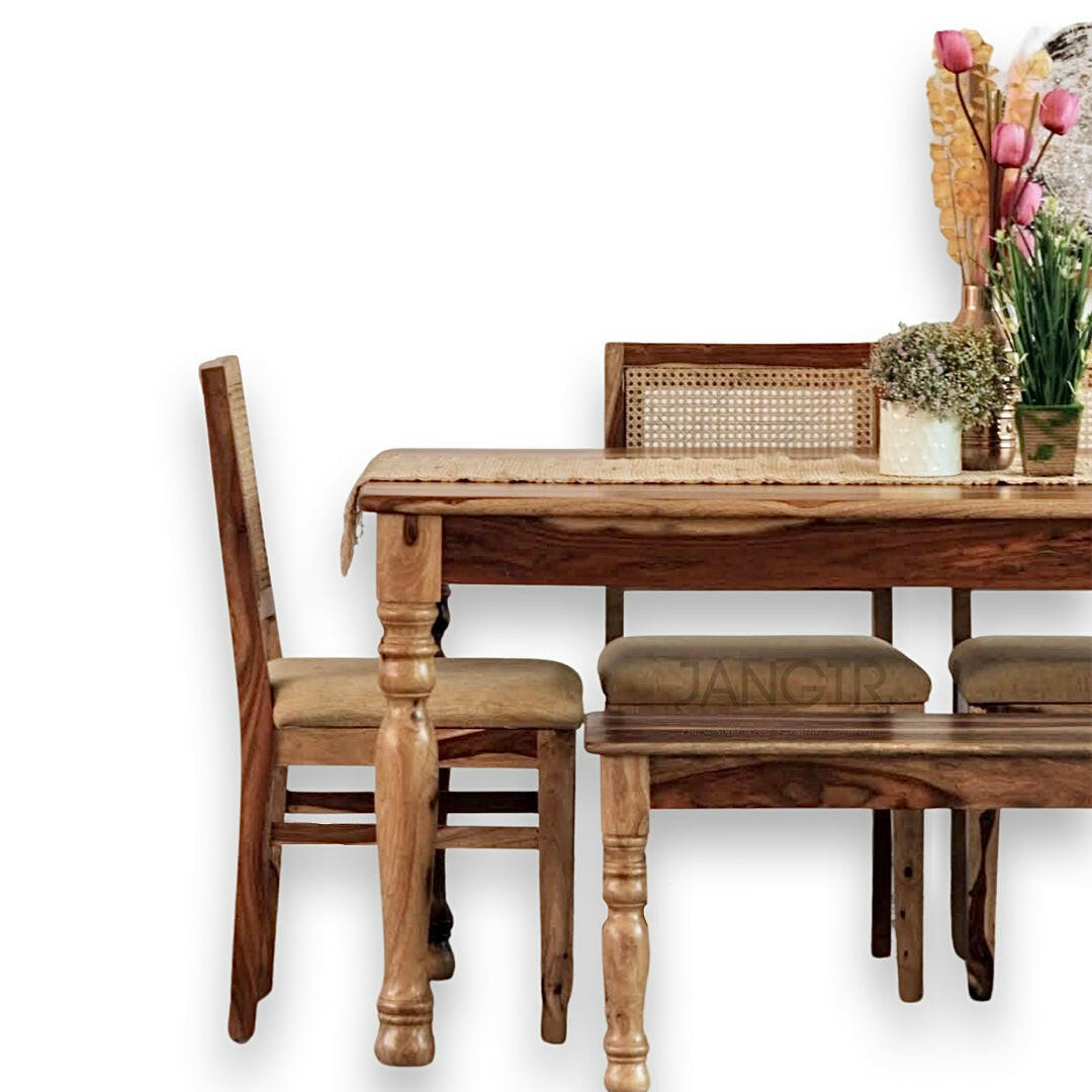 Upgrade Your Dining Space with a Stylish Round Leg Dining Table and Cane Weave Chairs! Discover our six-seater sheesham wood dining table set for a premium touch near you in Bangalore, Shop today!