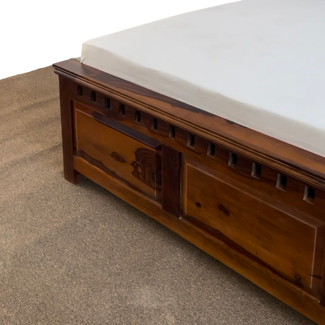 Upgrade your bedroom with our Solid wood kuber storage bed, made from sheesham wood. Shop Stylish king and queen size double beds near you in Bangalore !