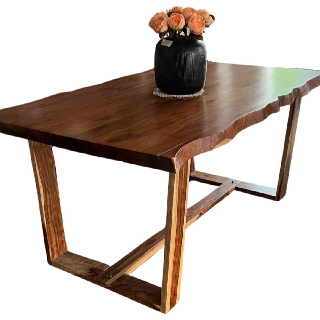 Elevate your dining experience with our exquisite live edge dining table crafted from premium sheesham wood. Accompanied by cane weave chairs & two arms chairs, buy luxury six seater dining table now