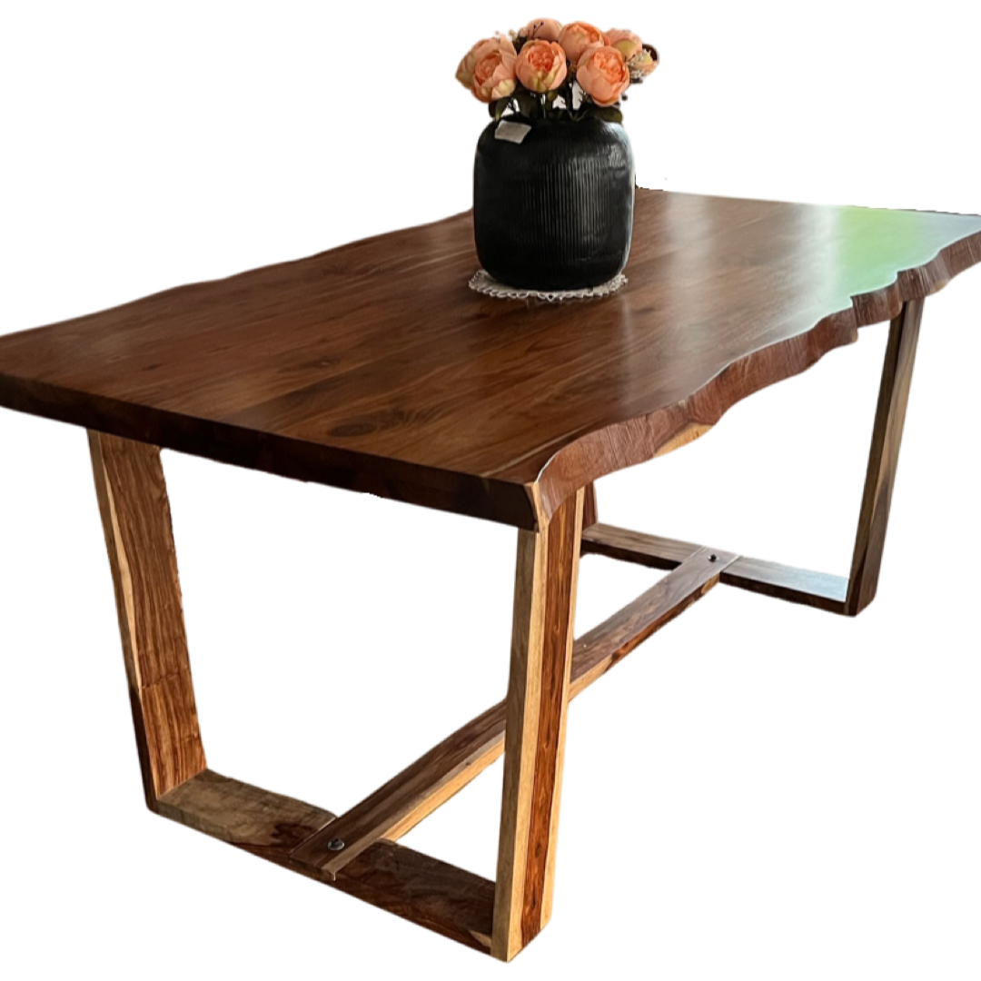Elevate your dining experience with our premium sheesham wood Flora Live Edge Dining Table With Cane Weave Chairs. Buy luxury six seater dining table today