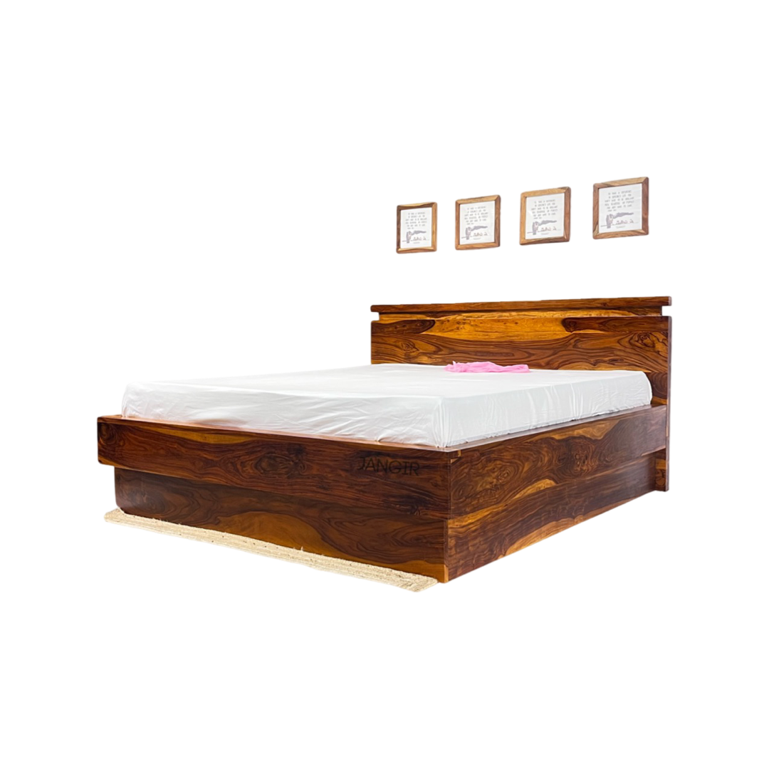 Elevate your bedroom with our sheesham wood Boston Solid Wood Platform Storage Bed. with hydraulic lift storage. Shop modern double Beds near you in Bangalore!