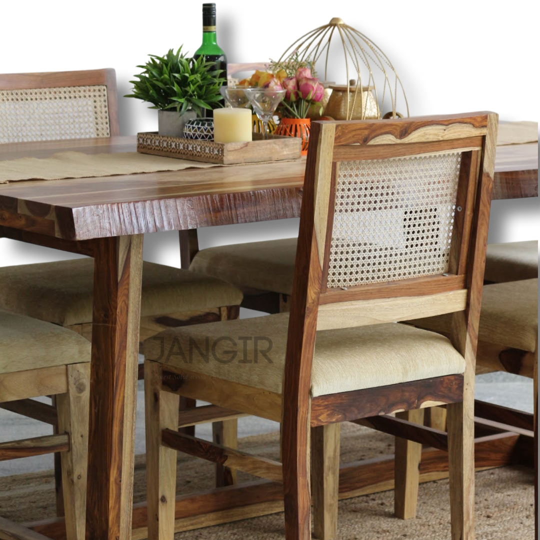 Indulge in a touch of nature's with our live edge dining table with cane weave chairs. Crafted from Sheesham wood, Discover the perfect six-seater dining set to transform your dining room, Shop now!