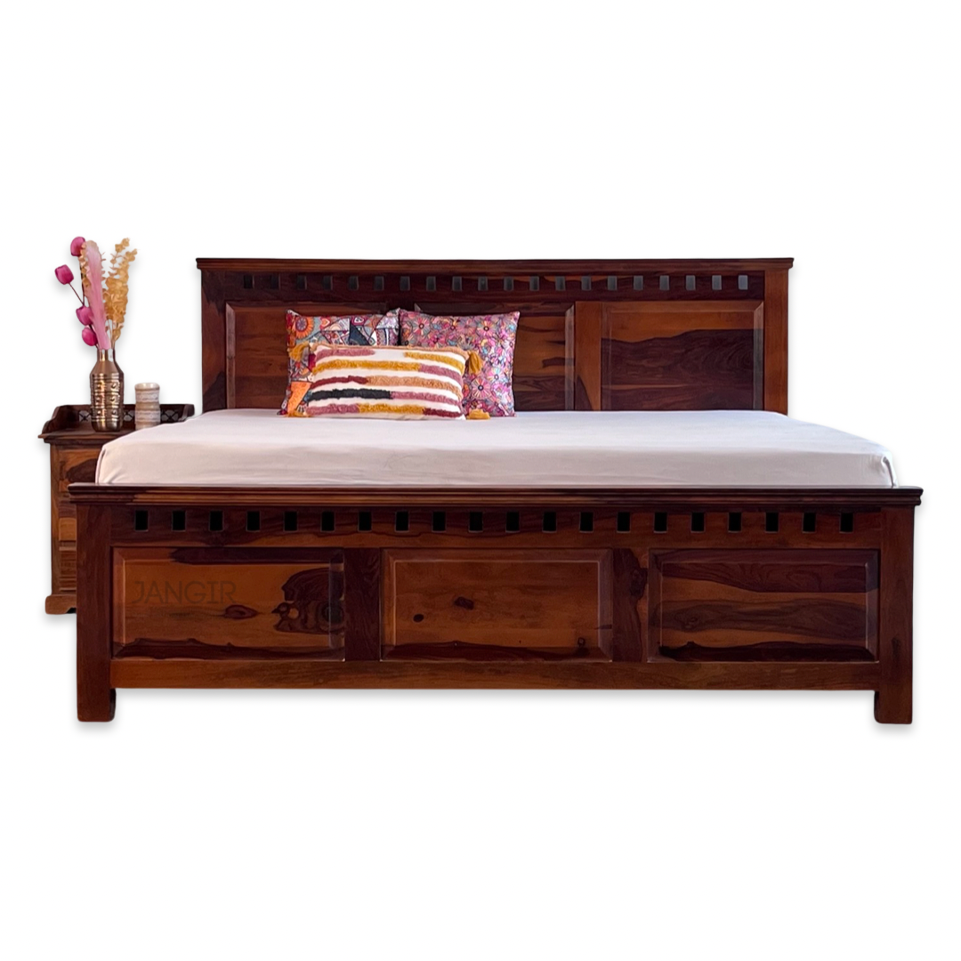 Upgrade your bedroom with our Solid wood kuber storage bed, made from sheesham wood. Shop Stylish king and queen size double beds near you in Bangalore !