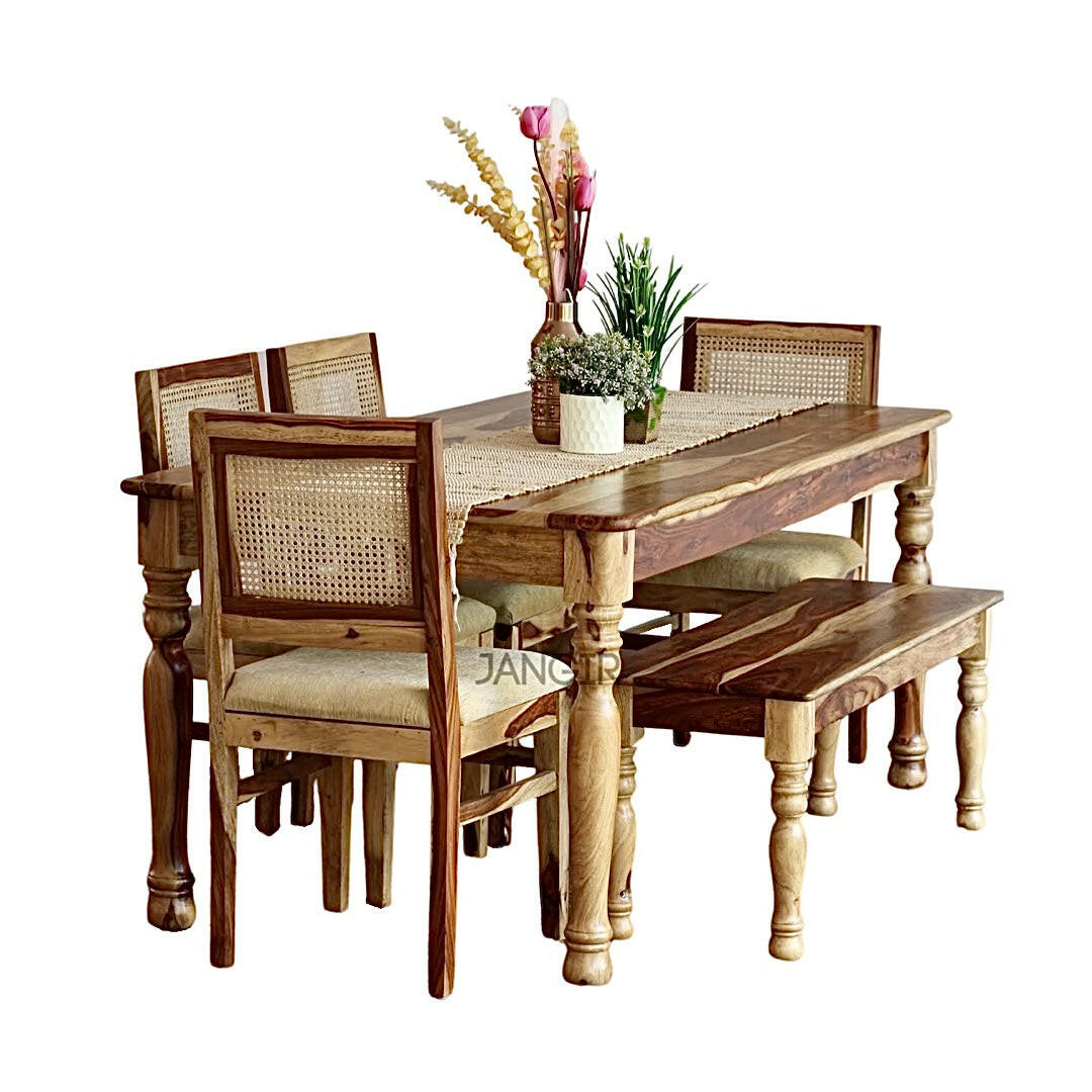 Elevate Your Dining room with our sheesham wood Nar Round Leg Dining Table With Cane Chairs. Buy Rattan-Wicker modern dining tables near you in Bangalore!