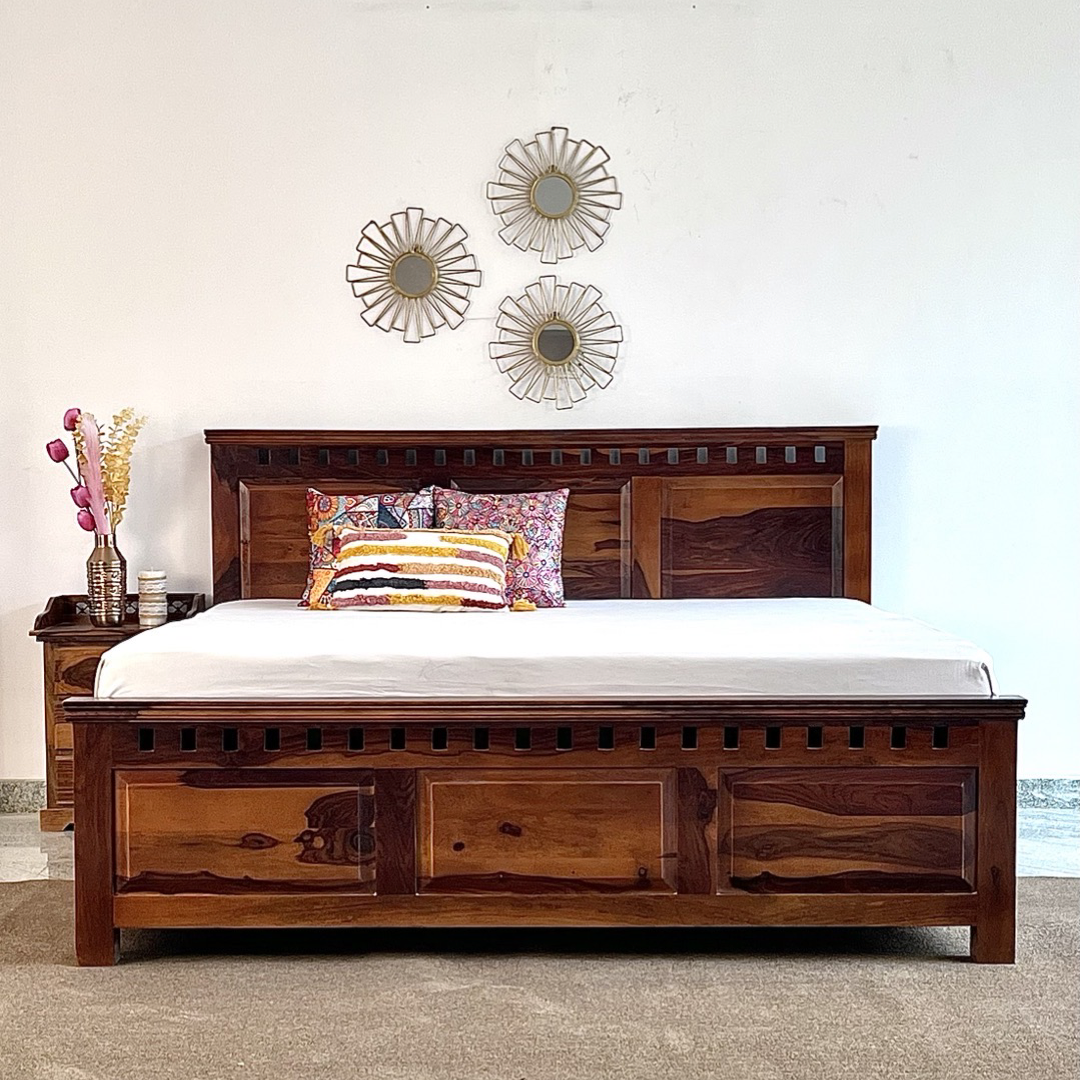 Upgrade your bedroom with our Solid wood kuber storage bed, made from sheesham wood. Shop Stylish king and queen size double beds near you in Bangalore !