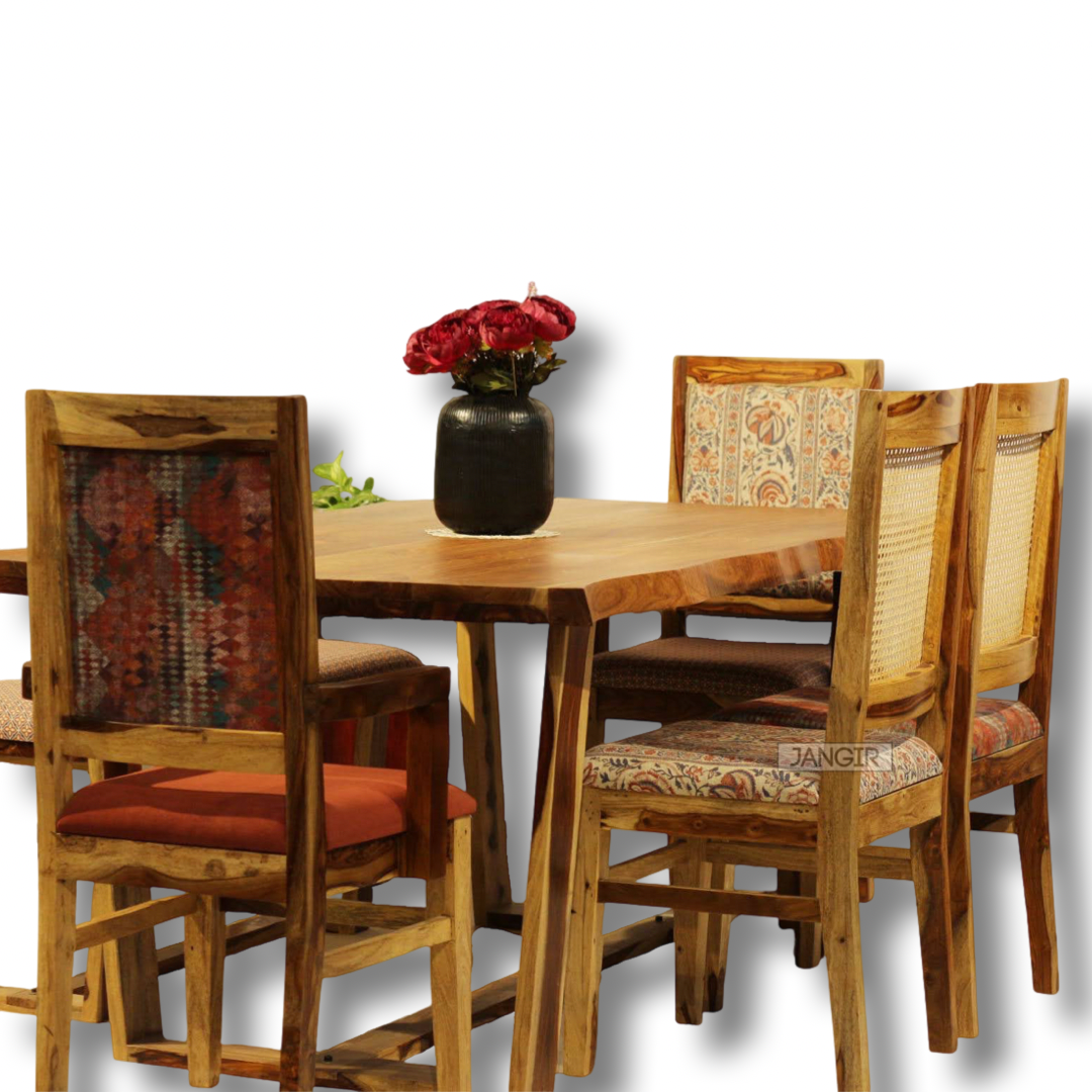 Elevate your dining experience with our exquisite live edge dining table crafted from premium sheesham wood. Accompanied by cane weave chairs & two arms chairs, buy luxury six seater dining table now