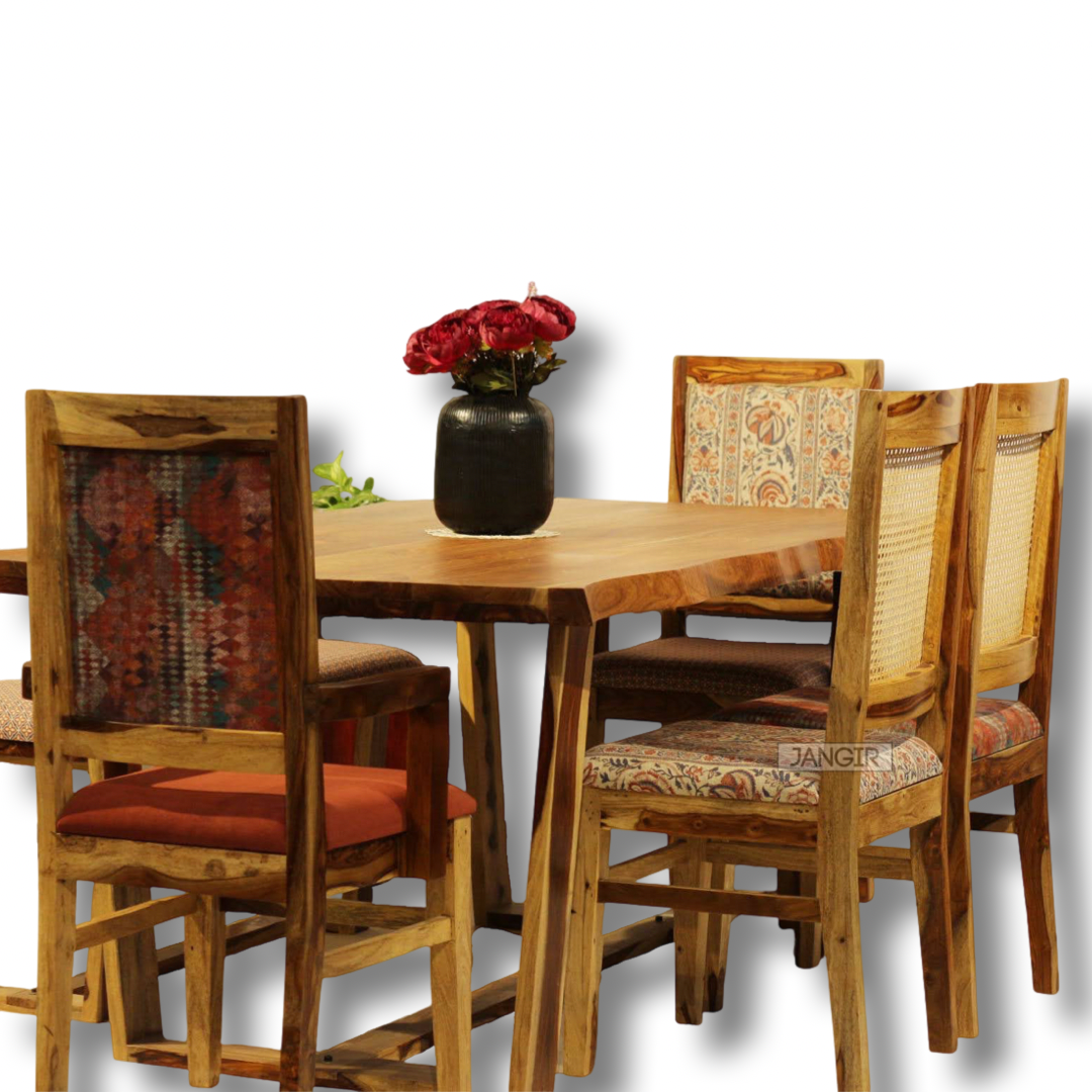 Elevate your dining experience with our premium sheesham wood Flora Live Edge Dining Table With Cane Weave Chairs. Buy luxury six seater dining table today
