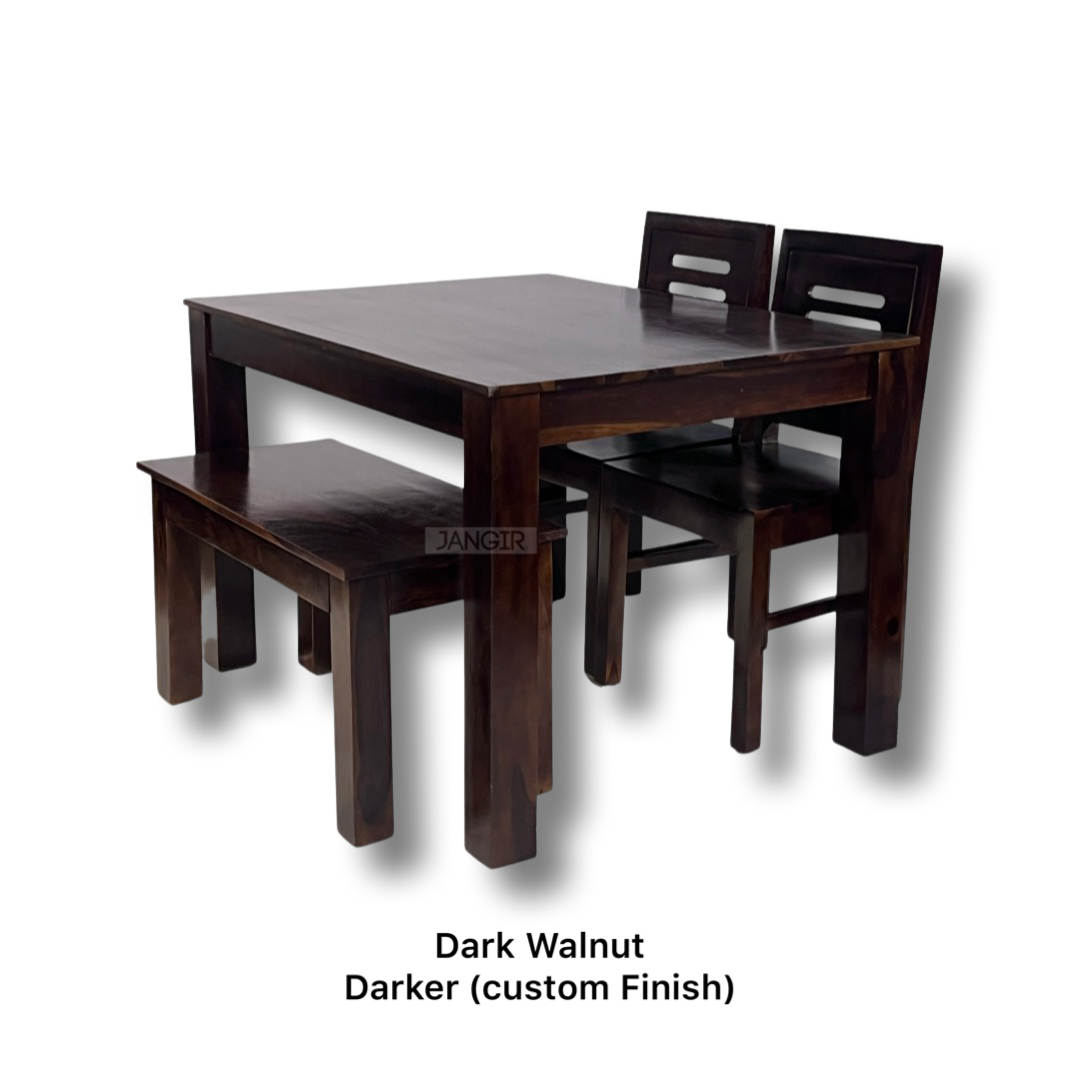 Elevate your dining room with our Apple Solid Wood Dining Table Set with bench, made with sheesham wood. Buy lowest price four seater dining table in Bangalore