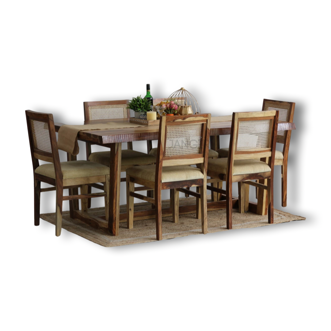 Transform your dining room with Sheesham wood made Rover live edge dining table with cane weave chairs. Buy six seater live edge dining table in India