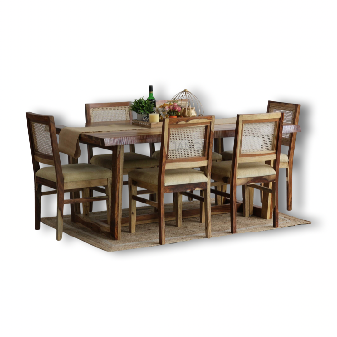 Indulge in a touch of nature's with our live edge dining table with cane weave chairs. Crafted from Sheesham wood, Discover the perfect six-seater dining set to transform your dining room, Shop now!