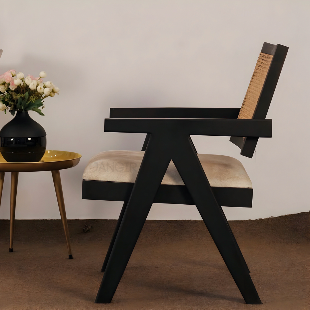 Black Matt Solid Wood Cane Chair- Enhance your living room with our exquisite collection of wooden cane chairs. Crafted from sheesham wood, our easy chairs combine comfort and style with wicker.