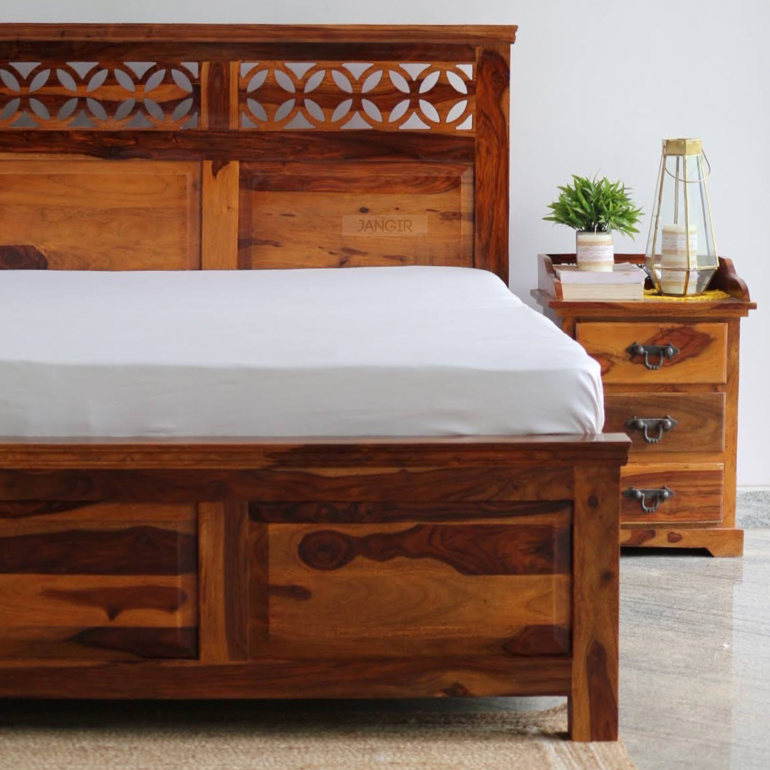 Elevate your bedroom with our Star Grill Solid Wood Storage Bed, made with sheesham wood. Buy king and queen sizes designer Double Beds near you In Bangalore