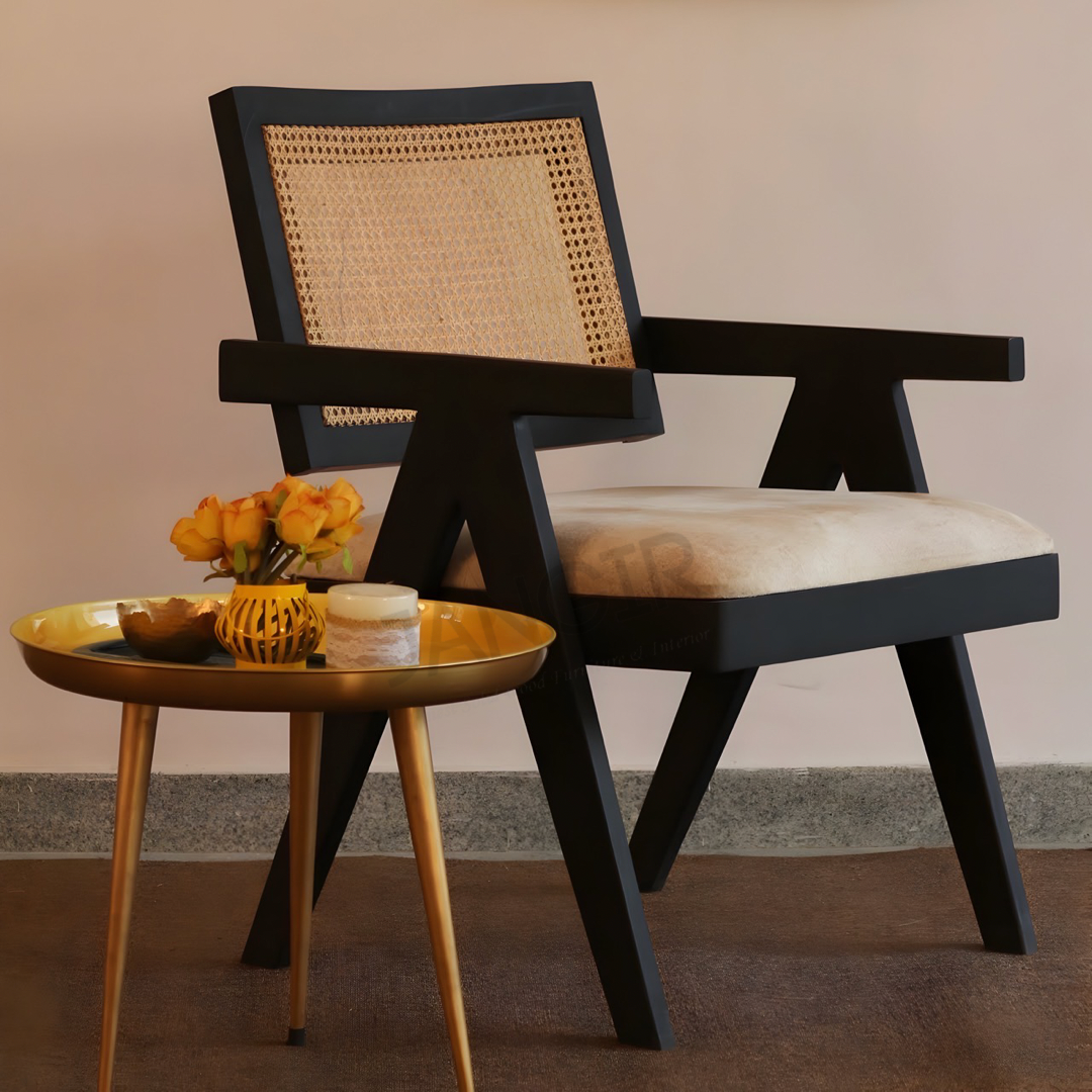 Black Matt Solid Wood Cane Chair- Enhance your living room with our exquisite collection of wooden cane chairs. Crafted from sheesham wood, our easy chairs combine comfort and style with wicker.