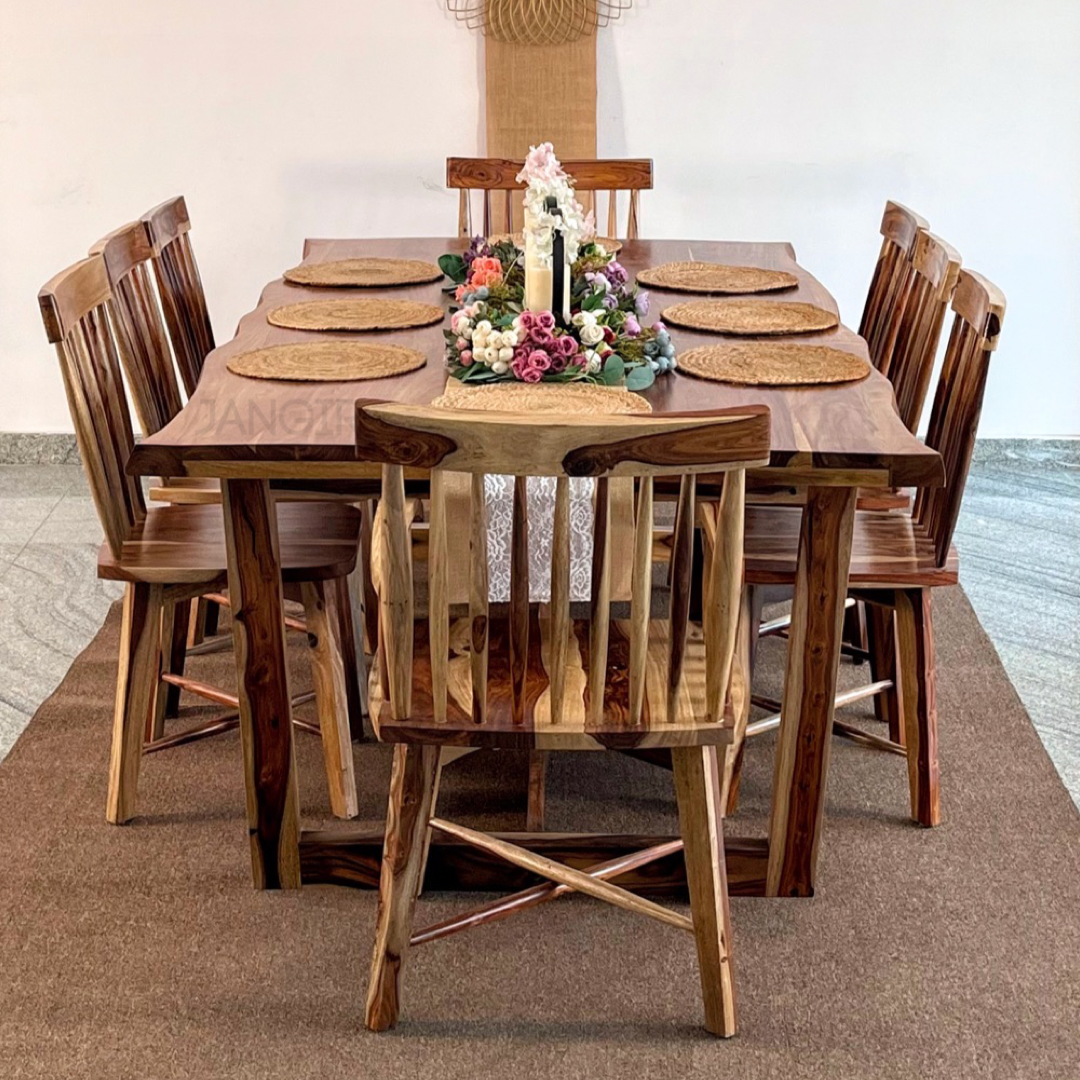 Experience the beauty of our Diviner Live edge Eight Seater Dining Table Set, made from sheesham wood. Buy luxury & modern eight seater dining table today!