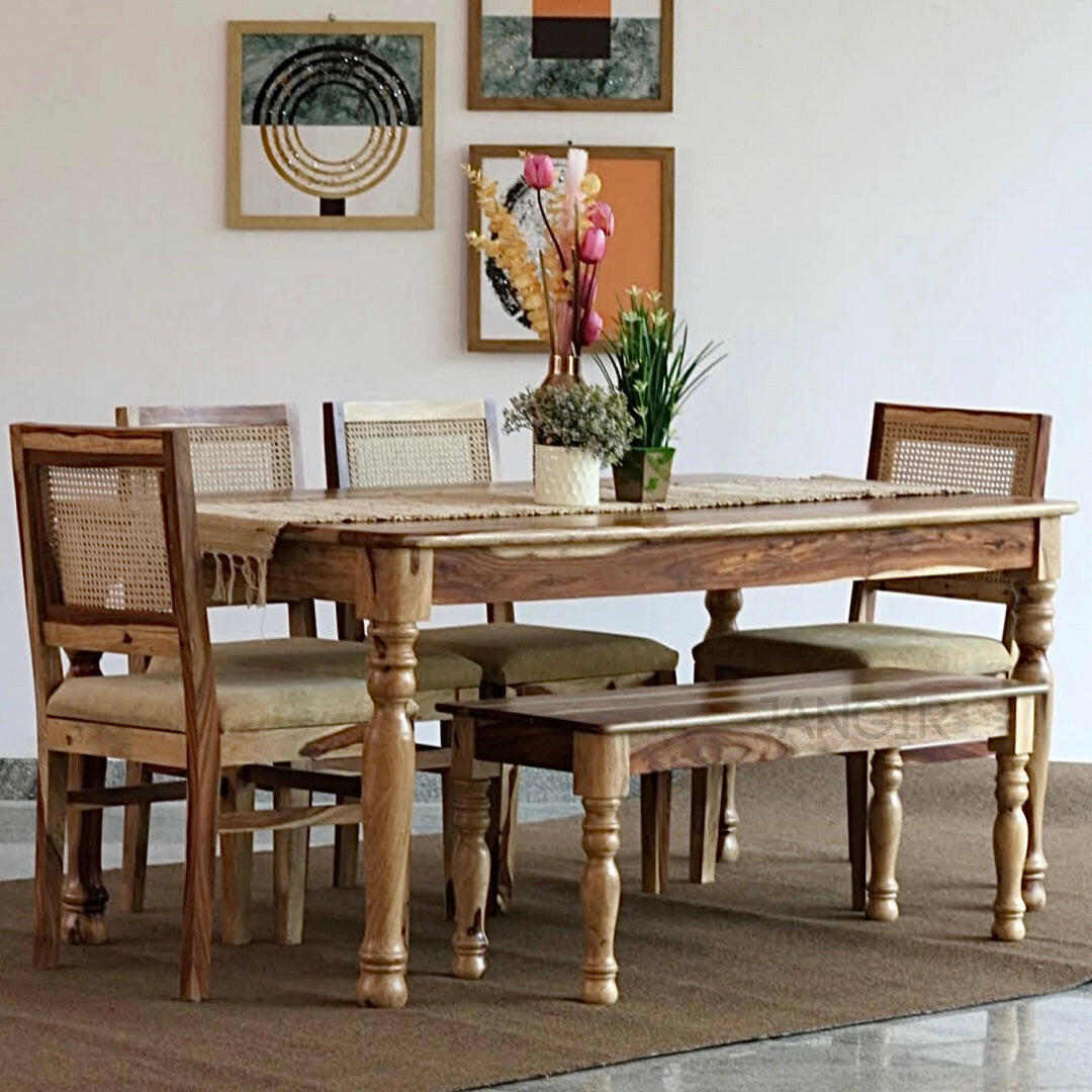 Elevate Your Dining room with our sheesham wood Nar Round Leg Dining Table With Cane Chairs. Buy Rattan-Wicker modern dining tables near you in Bangalore!