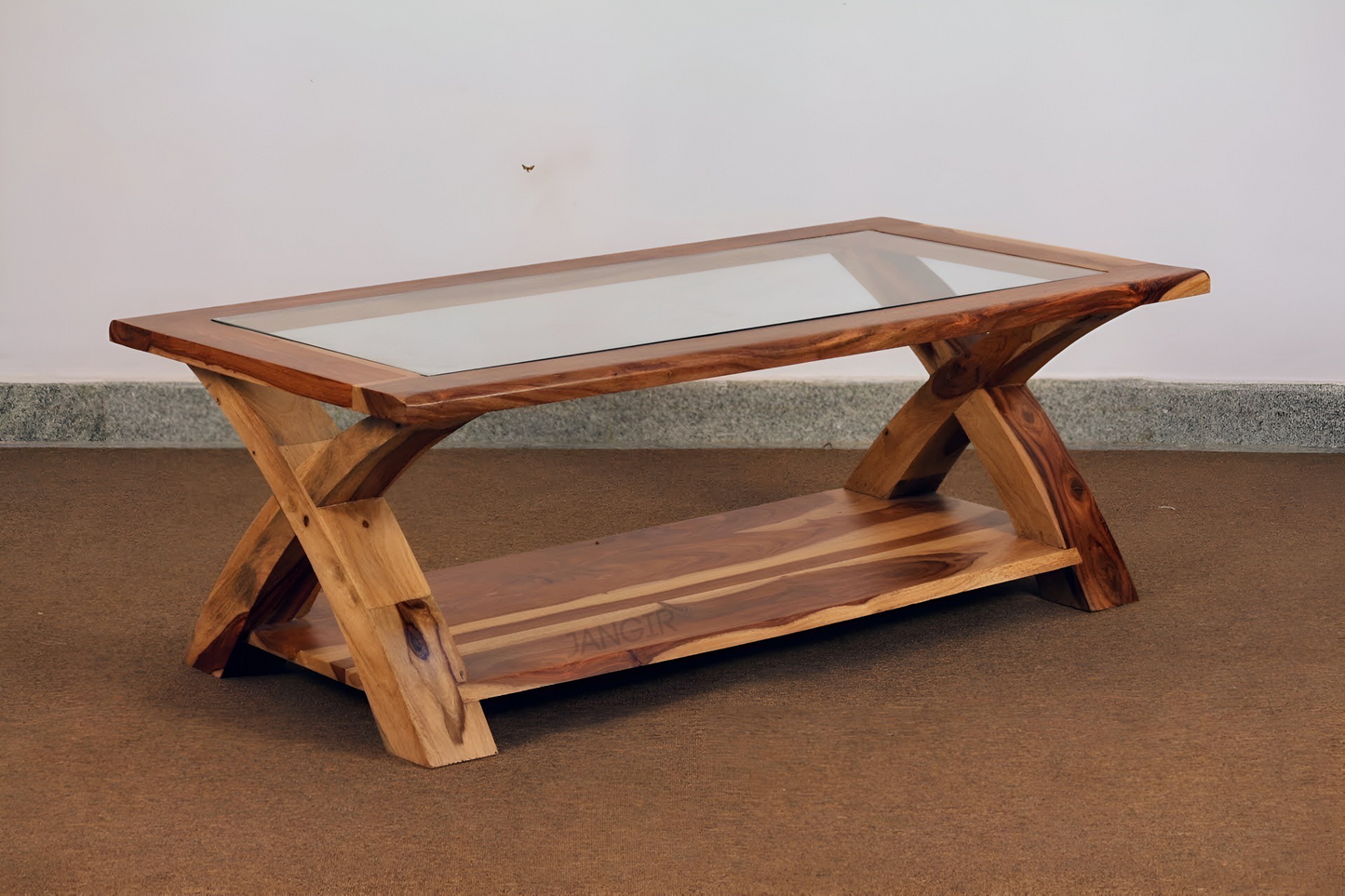 Transform your living room with our designer coffee table with open storage and a glass top. Made with sheesham wood. Elevate your home decor with our center tables near you in Bangalore, Shop Now