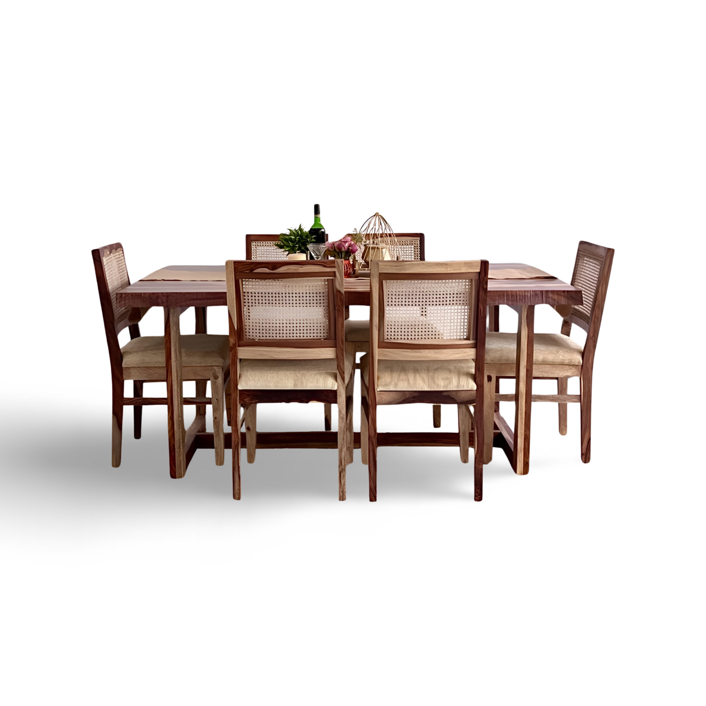 Transform your dining room with Sheesham wood made Rover live edge dining table with cane weave chairs. Buy six seater live edge dining table in India