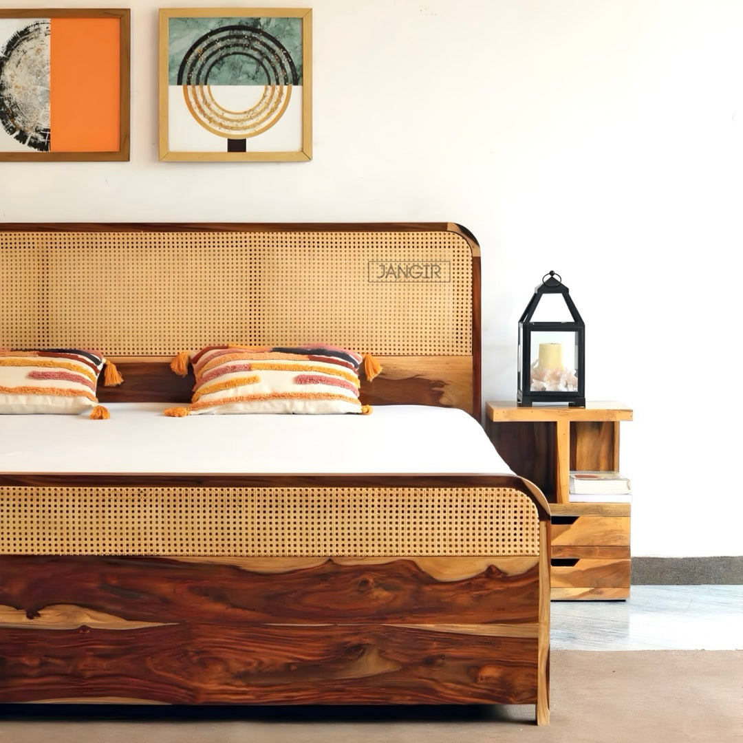 Upgrade your bedroom with our designer solid wood cane bed, crafted from sheesham wood and natural cane. Available in king and queen sizes with storage. Buy online or in-store in Bangalore