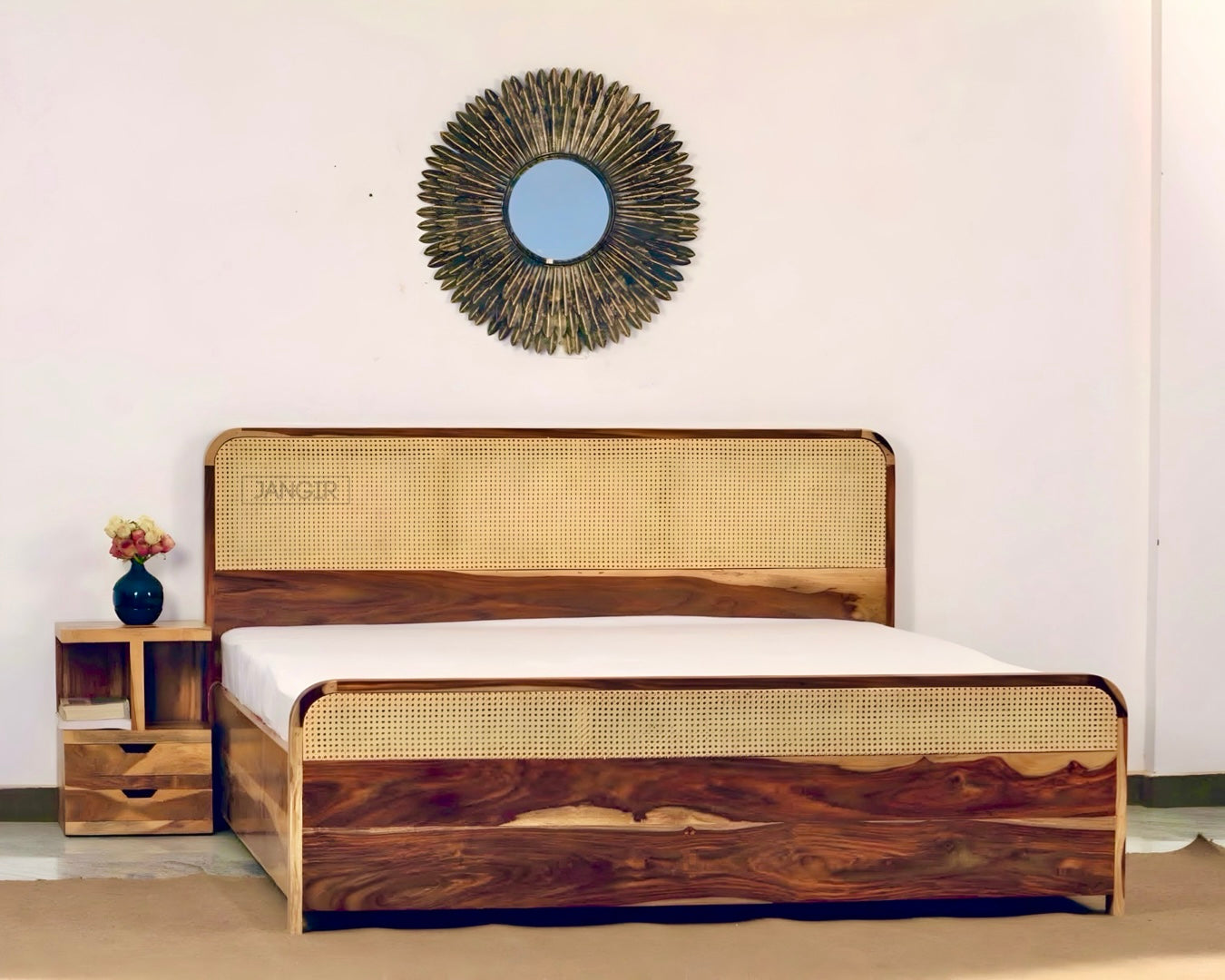 Upgrade your bedroom with our designer solid wood cane bed, crafted from sheesham wood and natural cane. Available in king and queen sizes with storage. Buy online or in-store in Bangalore