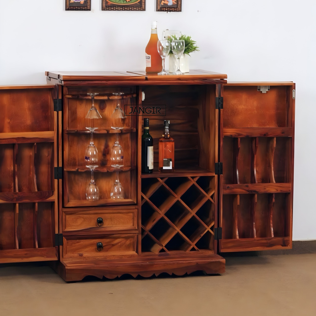 Elevate your home bar with a stunning Tiles Bar Cabinet featuring traditional tiles design, made with sheesham wood. Upgrade your space now, buy now near you in Bangalore !