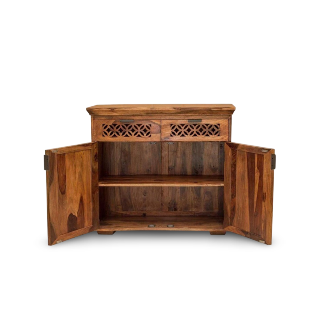 Elevate your space with our stylish and durable sheesham wood cabinet, perfect storage solution for kitchen, foyer, or living room. Shop near you in Bangalore