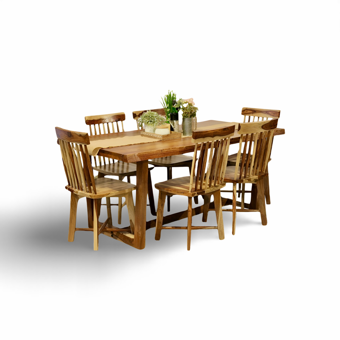 Elevate your dining room with Our sheesham wood made Alexa Live edge Dining Table Set with designer chairs. Buy Luxury six seater dining table today !