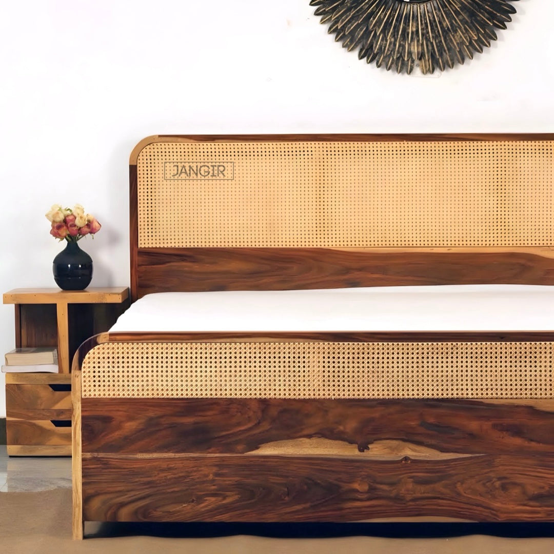 Upgrade your bedroom with our designer solid wood cane bed, crafted from sheesham wood and natural cane. Available in king and queen sizes with storage. Buy online or in-store in Bangalore