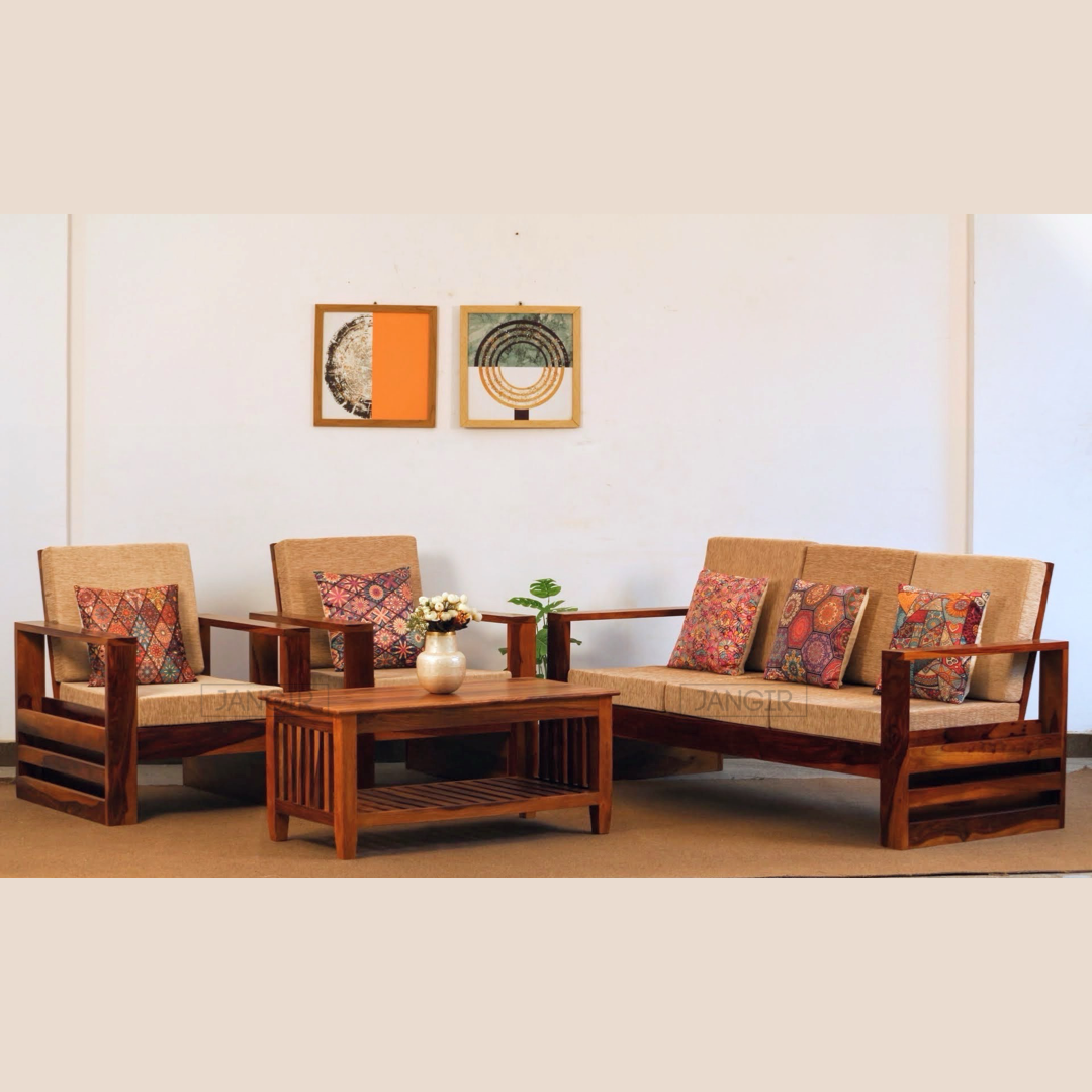 Elevate your living room with our Sleeker Solid wood sofa set, made with sheesham wood. Buy durable & budget-friendly sofa for modern home near you in Bangalore
