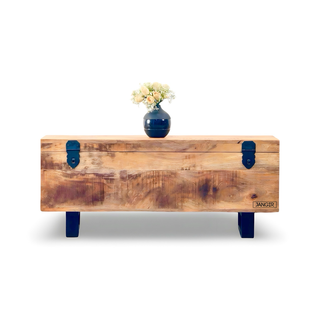 Discover the Larson Solid Wood Trunk Coffee Table, mango wood made design with ample storage. Shop wooden trunk table near you in Bangalore