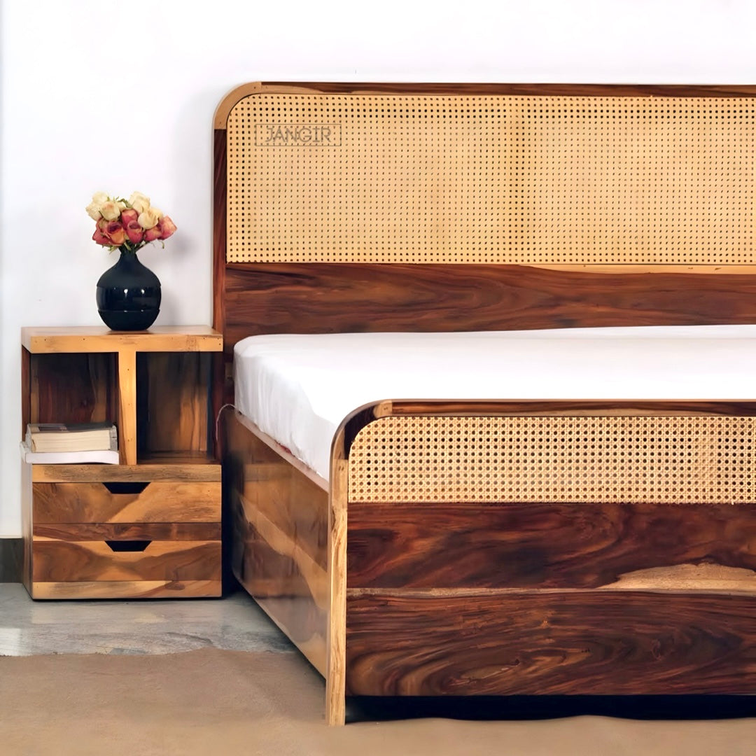 Upgrade your bedroom with our designer solid wood cane bed, crafted from sheesham wood and natural cane. Available in king and queen sizes with storage. Buy online or in-store in Bangalore