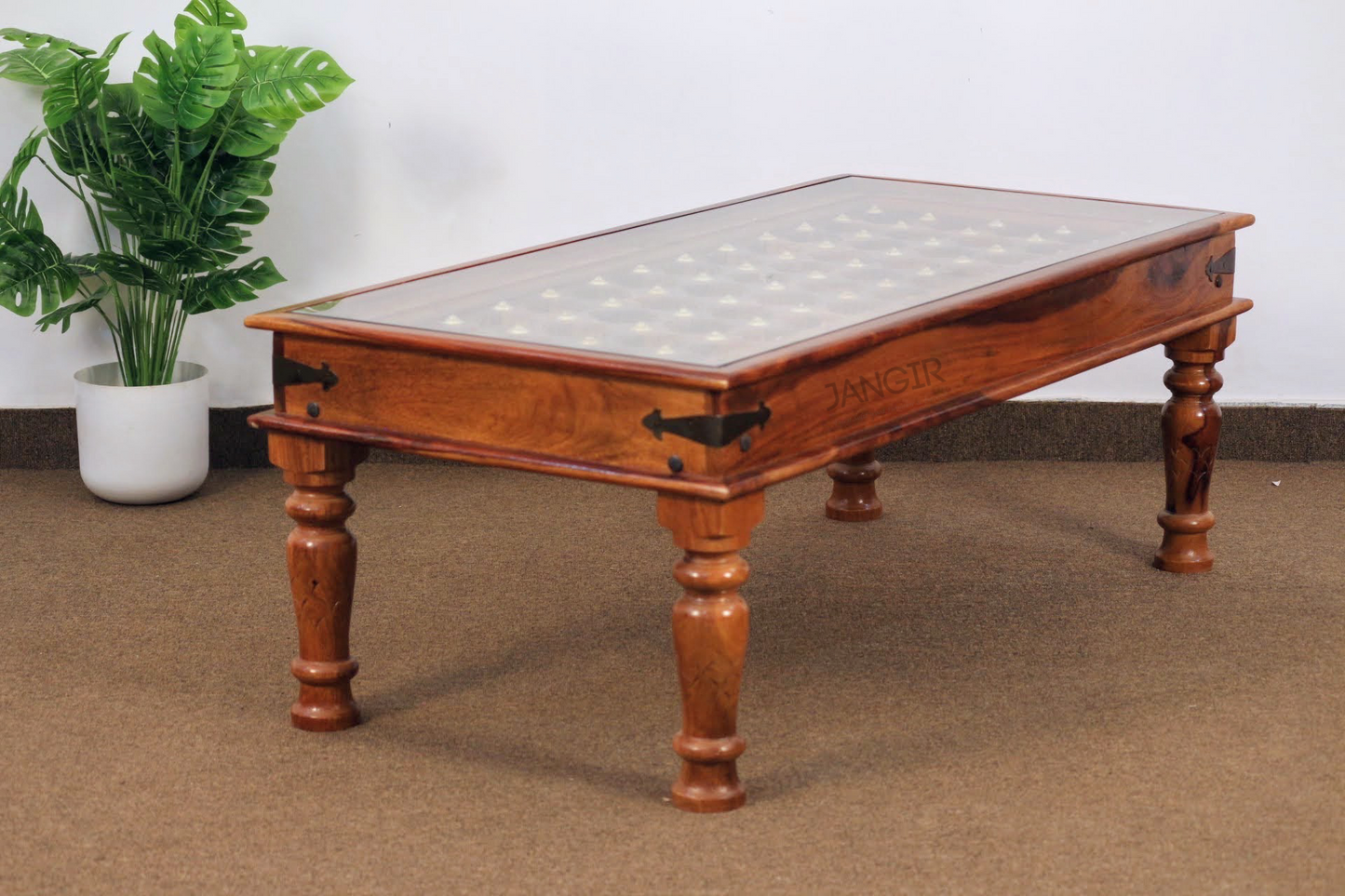 elevate your home with our Antique Carved Door Solid Wood Coffee Table with Vintage style Rajasthani Brass work and stunning carved door style. Upgrade your living room with our center table now !