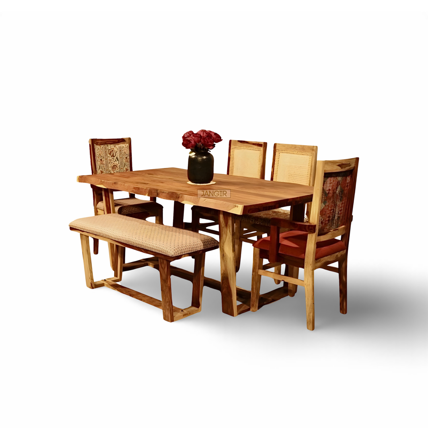 Elevate your dining experience with our exquisite live edge dining table crafted from premium sheesham wood. Accompanied by cane weave chairs & two arms chairs, buy luxury six seater dining table now