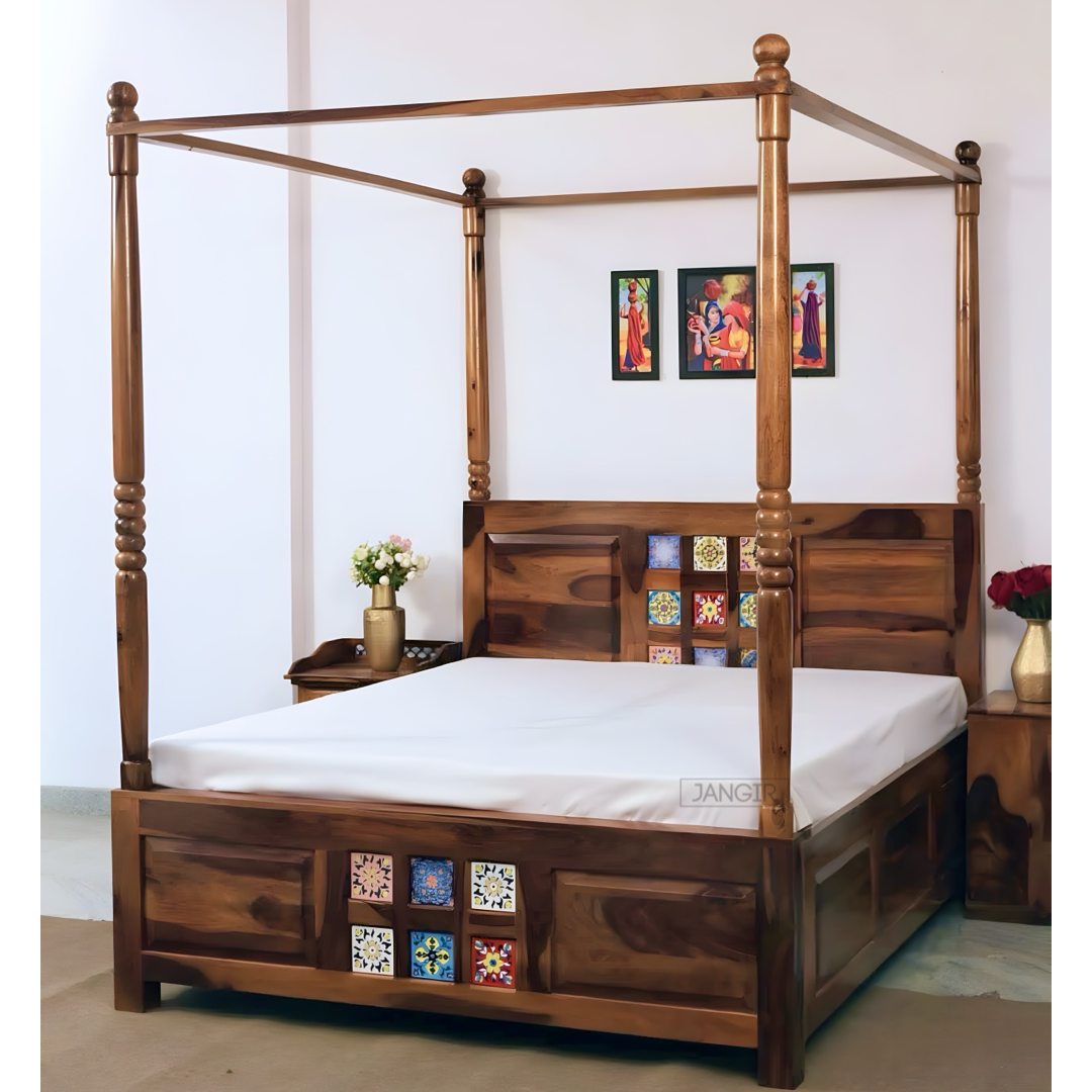 Transform your bedroom with our sheesham wood traditional tiles poster bed. Shop king and queen size four poster bed with storage near you in Bangalore today!