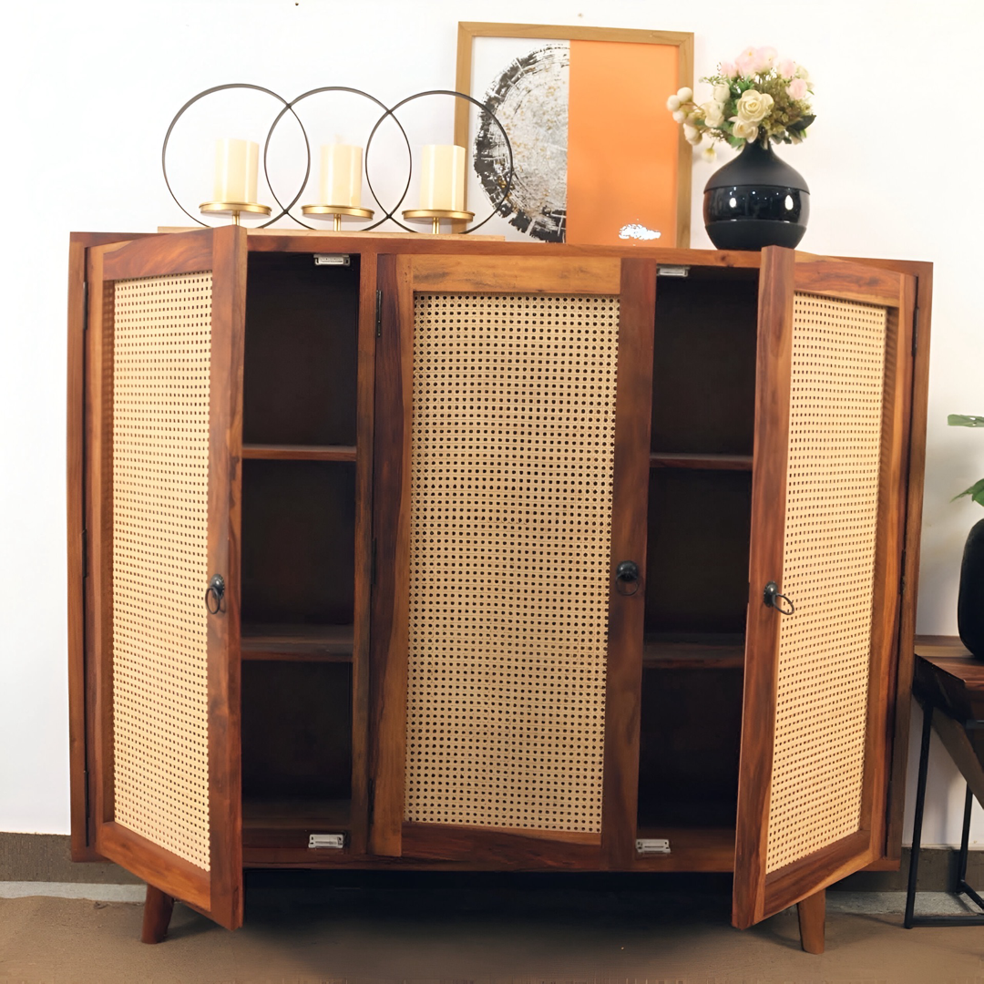 Elevate your living space with our designer and stylish Tower Cane Cabinet, crafted from sheesham wood. Buy Wicker/ Rattan Sideboard & Cabinet for living room