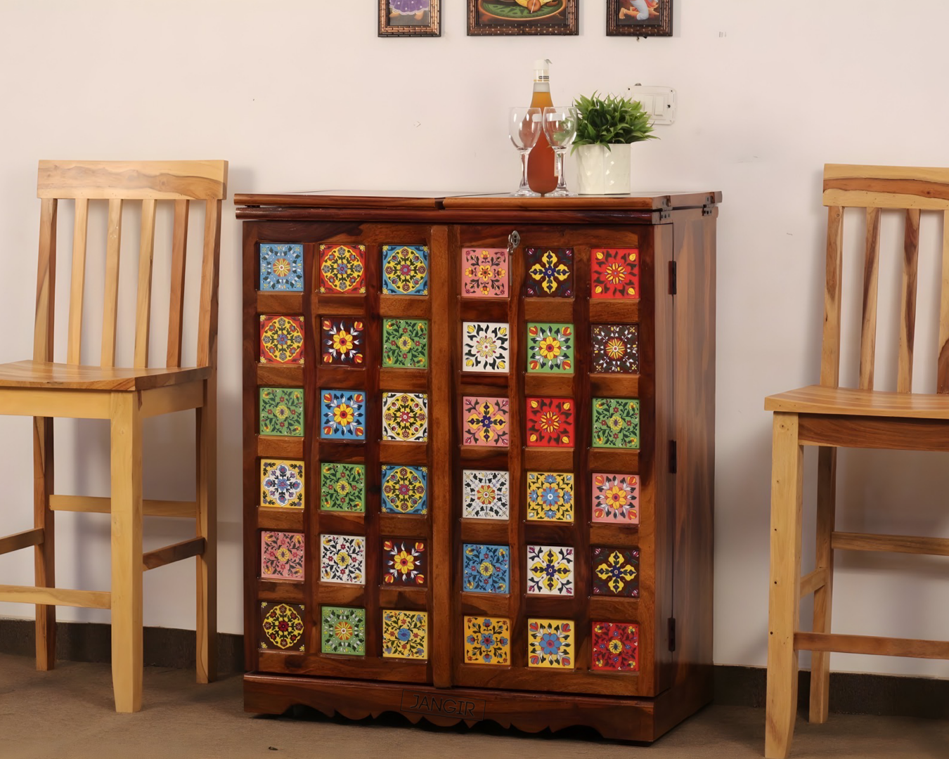 Elevate your home bar with a stunning Tiles Bar Cabinet featuring traditional tiles design, made with sheesham wood. Upgrade your space now, buy now near you in Bangalore !